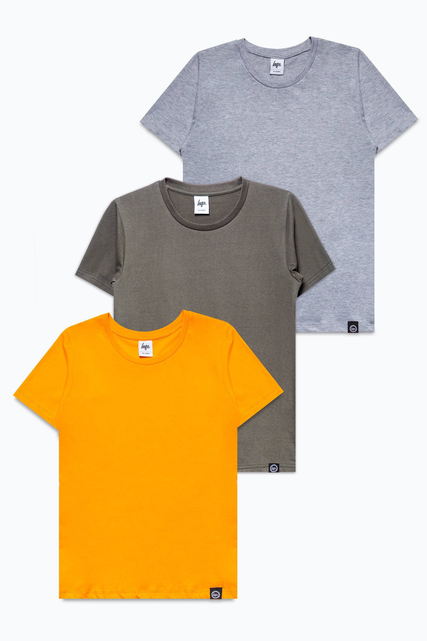 Make the most of your spending and stock up on your go-to styles. Our Multi-pack t-shirts will keep you covered for every occasion, whether you're dressing up or down this weekend. Style them with jeans, joggers, and an oversized denim jacket. The Hype Military Three Pack Kids T-Shirt features a soft-touch fabric for the ultimate comfort and breathing room in a core orange, essential grey and trending khaki. Finished with a crew neckline and short sleeves for a classic fit. Machine washable.