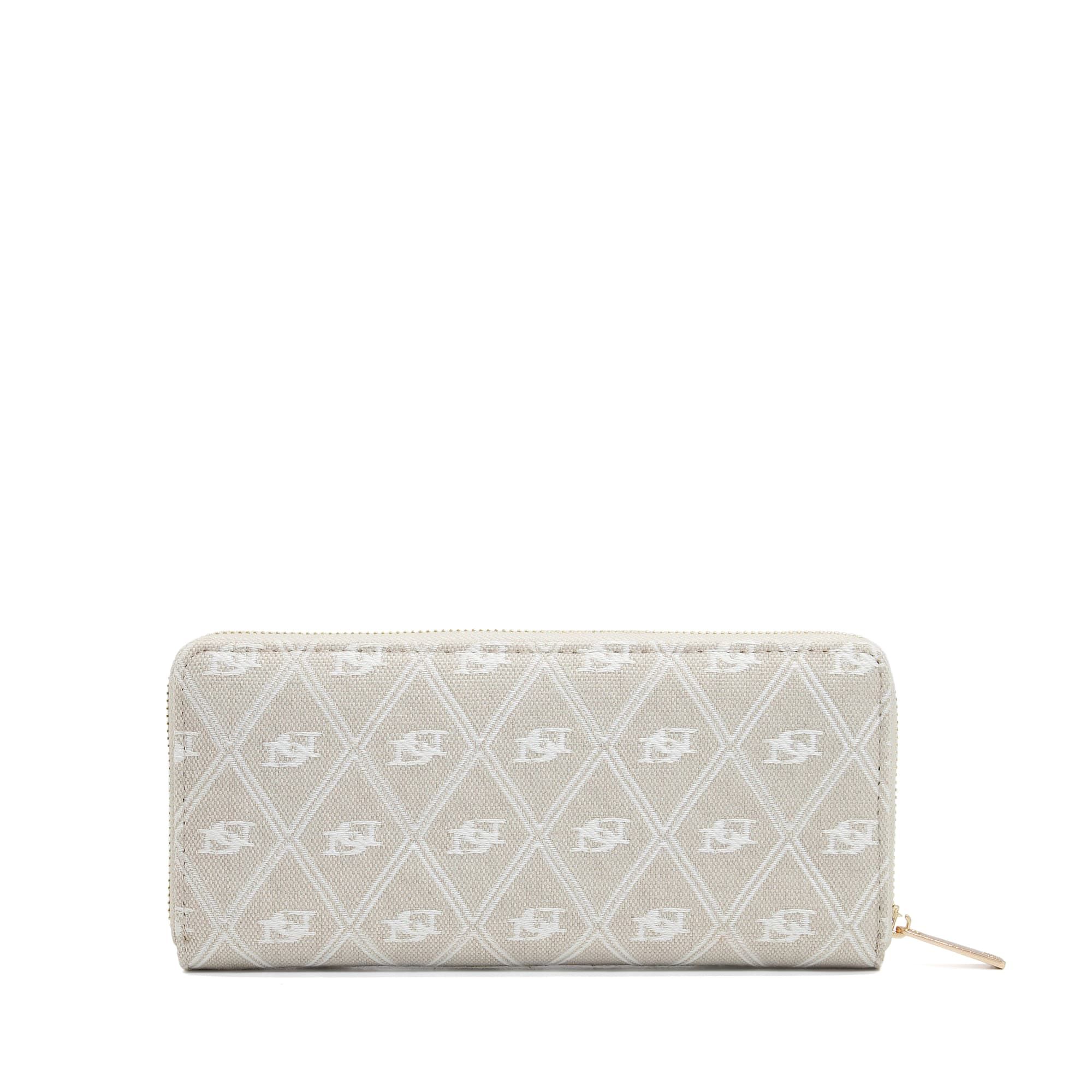 The perfect purse for everyday, this zip style is designed in embroidered textile. There's a compartment for your coins and slots for your cards, as well as a stylish monogram pattern throughout.