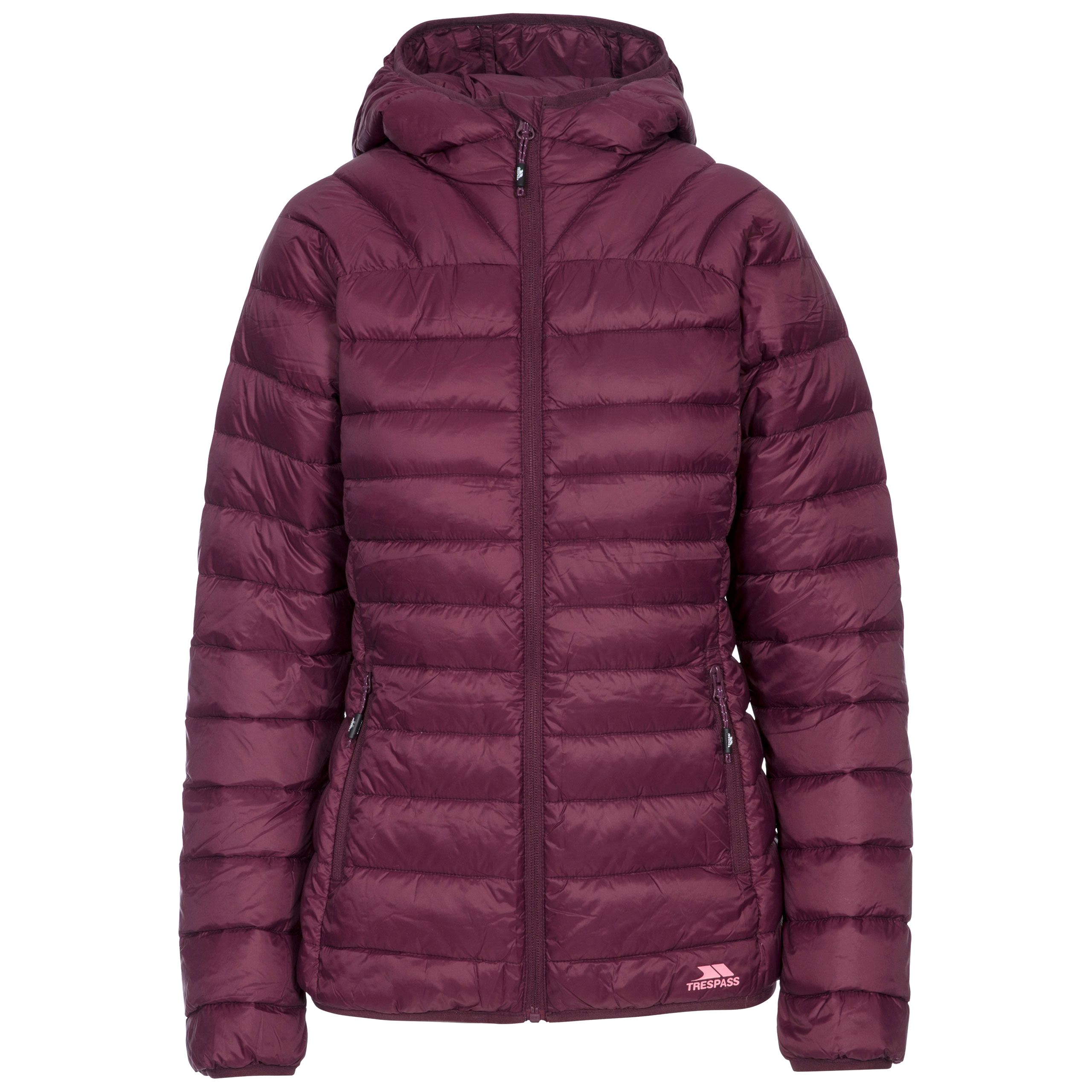 Ultra lightweight jacket with grown on hood and 2 lower zipped pockets. Low profile front zip. Stuff sack in pocket. Matching binding at hood, cuffs and hem. Shell: 100% polyamide. Lining: 100% polyamide. Filling: 90% down, 10% feathers. Trespass Womens Chest Sizing (approx): XS/8 - 32in/81cm, S/10 - 34in/86cm, M/12 - 36in/91.4cm, L/14 - 38in/96.5cm, XL/16 - 40in/101.5cm, XXL/18 - 42in/106.5cm.