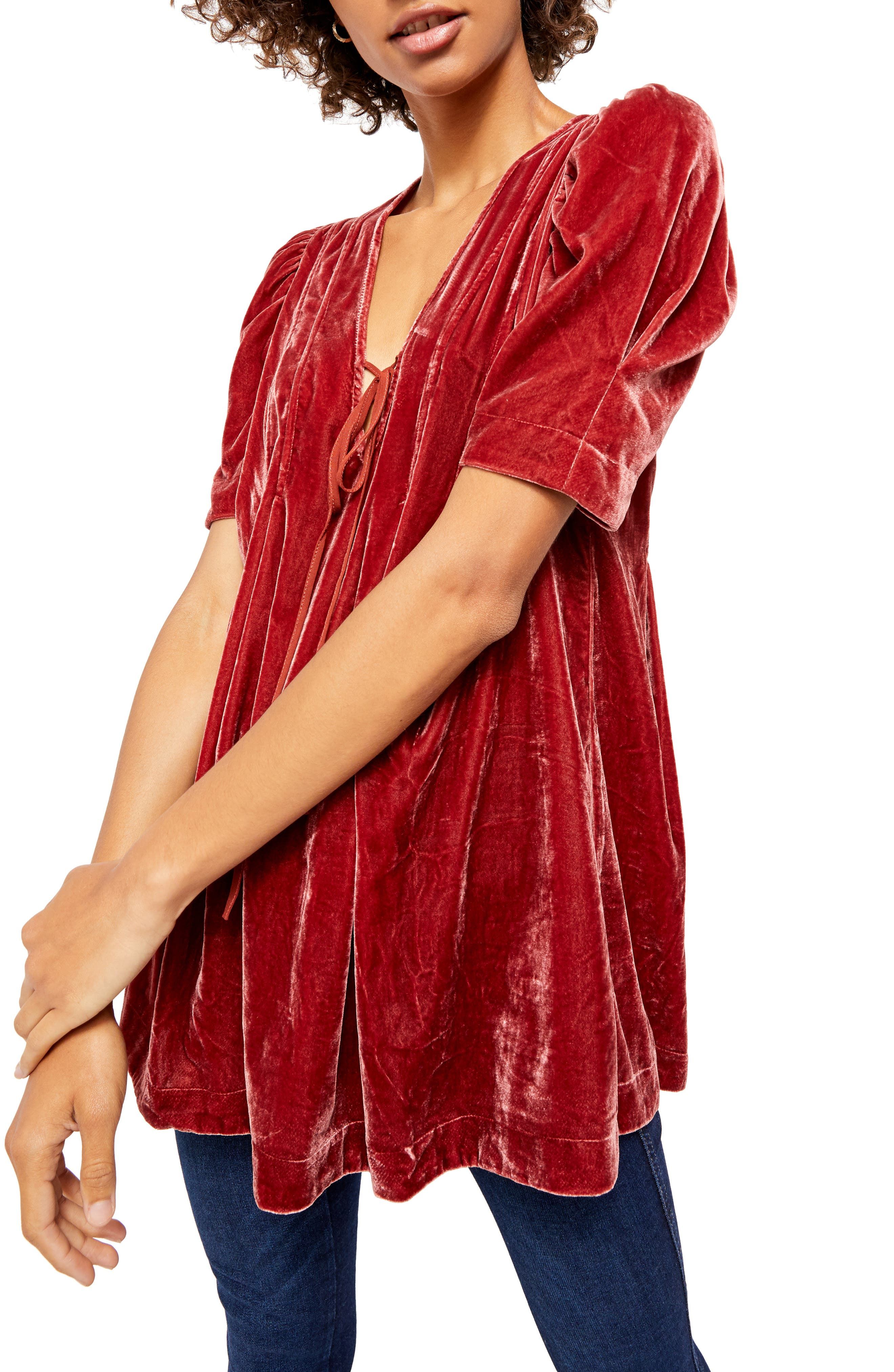 Color: Reds Size Type: Regular Size (Women's): XS Sleeve Length: Short Sleeve Type: Blouse Style: Tunic Neckline: V-Neck Pattern: Solid Theme: Classic Material: Rayon