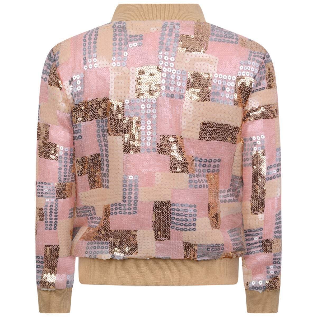Le Chic pastel gold and pink sequin bomber jacket for girls. This gorgeous Summer bomber jacket has a ribbed collar, fitted ribbed cuffs and ribbed hems. The central zip is golden and goes perfectly with the Le Chic Gold and Pink Sequin Skirt.
