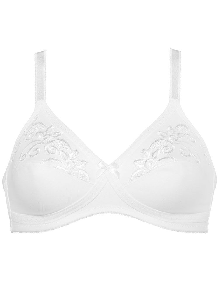 Naturana Magic Cross soft cup bra with lace embroidery.   The 2-section inner and outer cups are designed in non-removable soft padded 100% cotton.   The cross over borders and the anatomically shaped underband ensure a nice fit and breast support.  This bra has fully adjustable straps for a perfect fit.    This non wired bra provides you with excellent all day support and ultimate comfort.