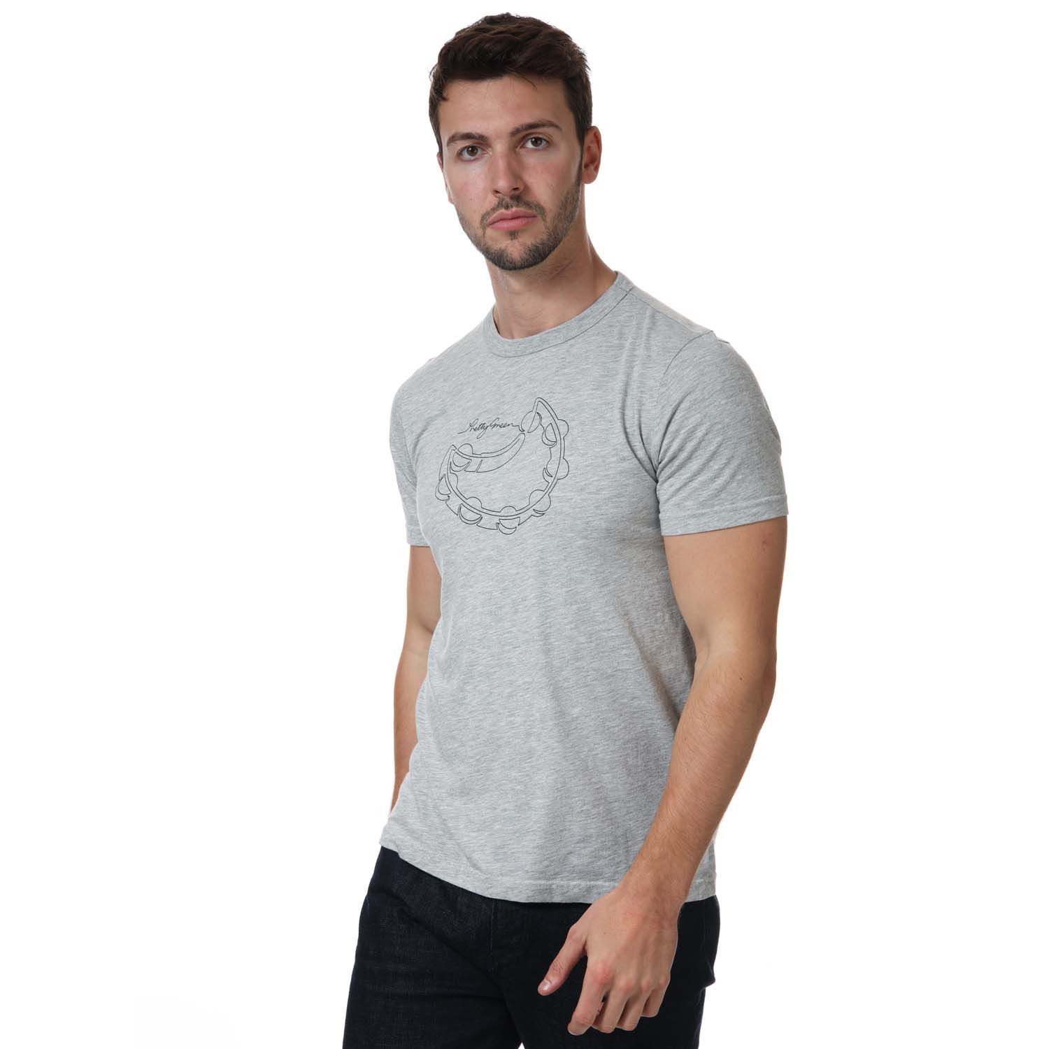 Mens Pretty Green Tambourine Print T- Shirt in grey marl.- Ribbed crew neckline.- Short sleeves.- Graphic designed.- Slim fit.- 50% Cotton  50% Polyester.  Machine wash at 30 degrees.- Ref: G21Q3MUJER979