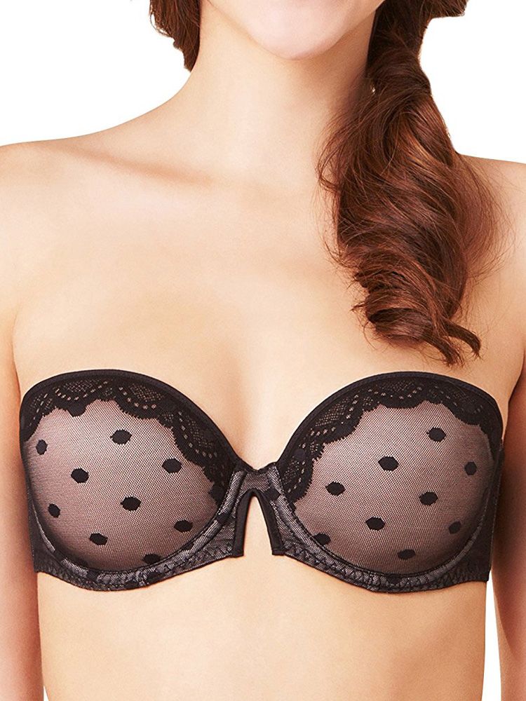 Passionata by Chantelle Confetti Polka Dot Bandeau Strapless Bra 5555.   This bra is perfect for all your strapless dresses thanks to the silicone coating at the back of the bra.  This underwired lightly padded bra with foam cups can be worn with or without straps making it very versitile: Wear: Strapless, conventional, one shoulder, criss cross and halter.  The V -cutout at the bridge gives a feminine and gorgeous touch.  It is a perfect addition to your wardrobe collection.