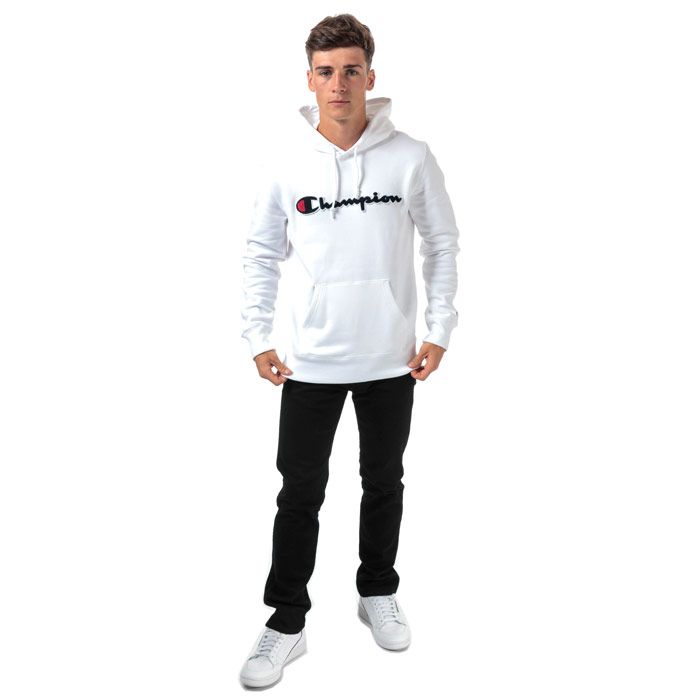 Mens Champion Large Logo Hoody in white.<BR><BR>- Lined hood with adjustable drawcord.<BR>- Long sleeves.<BR>- Cotton terry script logo to chest.<BR>- Signature C logo embroidered above left cuff.<BR>- Kangaroo pocket to front.<BR>- Ribbed cuffs and hem.<BR>- Tonal back neck tape.<BR>- Comfort fit.<BR>- 100% Cotton.  Machine washable.<BR>- Ref: 213498 WW001