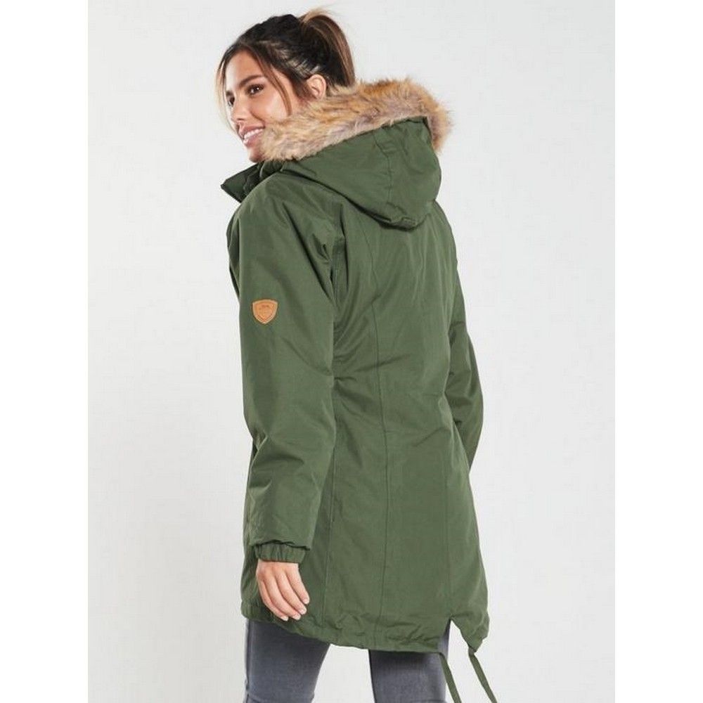 Woven. Shell - 100% polyester microfibre PVC. Lining - 100% polyester. Filling - 100% polyester. Furry fleece lining. Stud off hood fur trim. Inner storm flap. Two way zip. Elasticated sides. Elasticated cuffs.