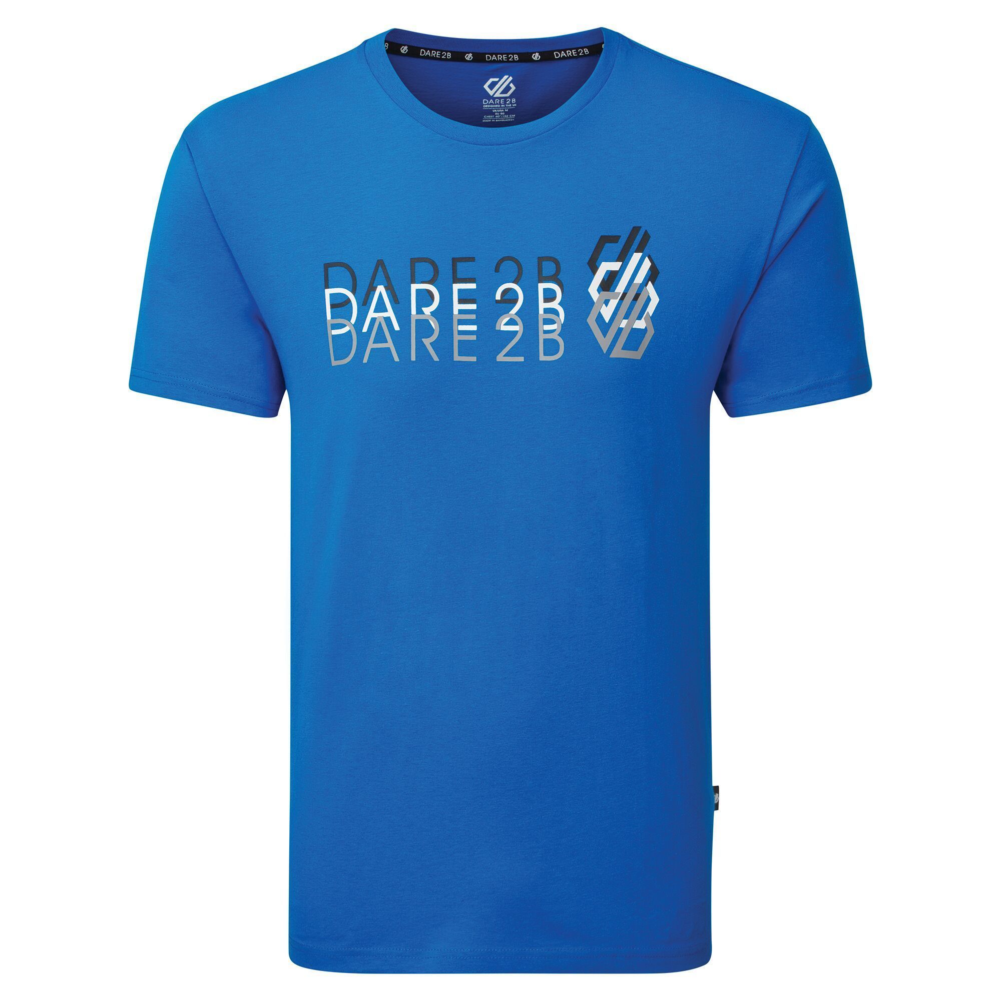 Material: 100% Cotton. Soft jersey fabric. Short sleeved with ribbed collar and round neck. Features 2 colour toned Dare 2B logo graphic print on the front.