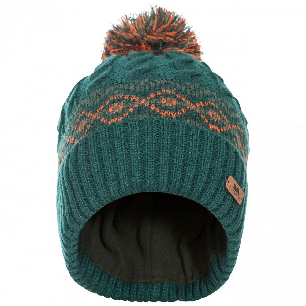 Outer: 100% Acrylic, Lining: 100% Polyester. Knitted hat with pom pom. Fully fleece lined. Leatherette badge.