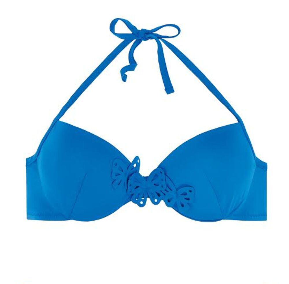 Passionata by Chantelle Papillon swimwear collection features vivid block colours and laser cut butterfly details for a chic, stylish look.  This halterneck bikini top features 3-section padded cups to centre the bust and provide a smooth, rounded shape with added support.  The halterneck tie fastens around the neck.  Complete with a silver clasp at the back to fasten.