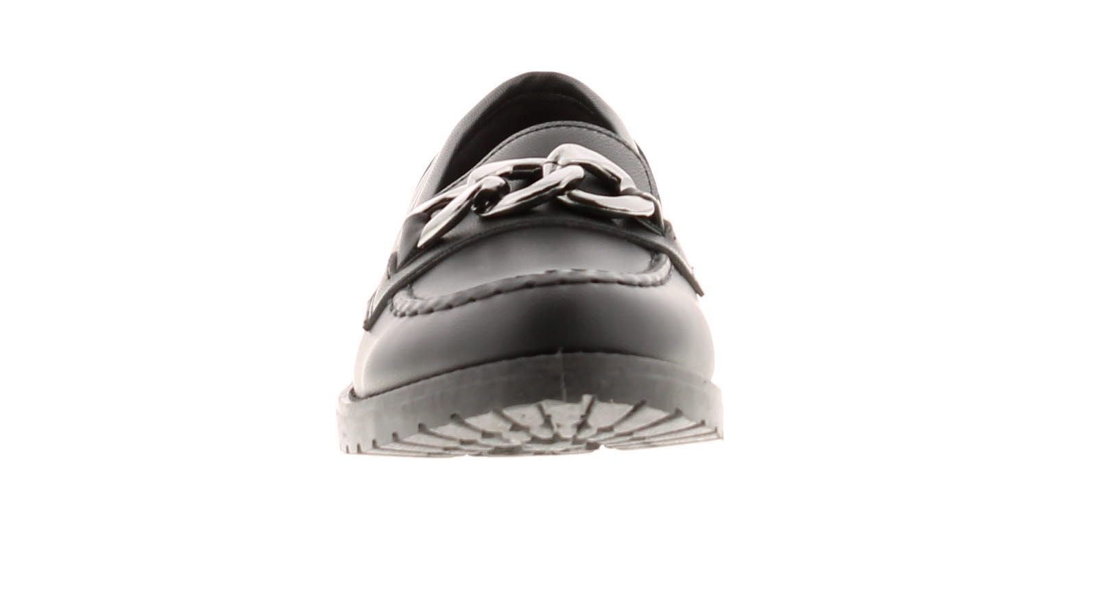 Miss Riot Sophie Older Girls School Shoes Black. Manmade Upper. Fabric Lining. Synthetic Sole. Older Girls Synthetic Loafer Chunky Metal Chain Trim.