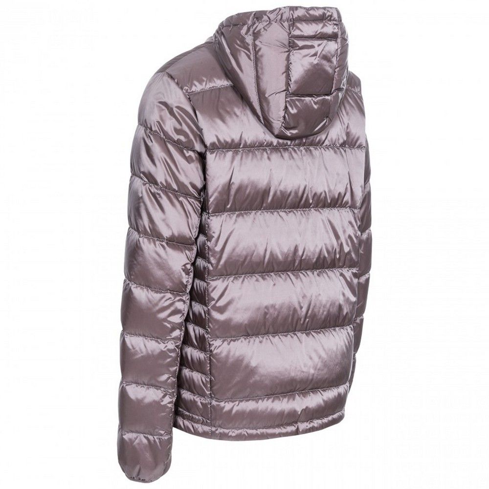 Shell - 100% polyamide, Lining - 100% polyamide. Filling - 80% down, 20% feather. Lightweight jacket. Fabric in pearlescent finish. Silver centre zip and trims. Grown on adjustable hood. 2 lower zipped pockets.