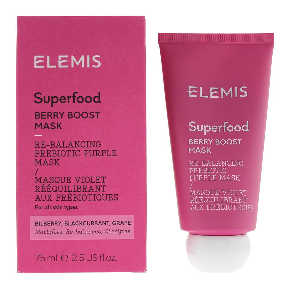 The Elemis Superfood Berry Boost Mask is a smoothie inspired Prebiotic Face Mask that purifies and refreshes the complexion within 10 minutes. The formula contains Brazilian Purple Clay, an Omega-rich SuperBerry Complex and Black Tea Extract, which helps to balance the skin and absorb excess oil. The mask has a hydrating formula and is enriched with a Prebiotic naturally derived from sugar which helps the skin's natural microflora.