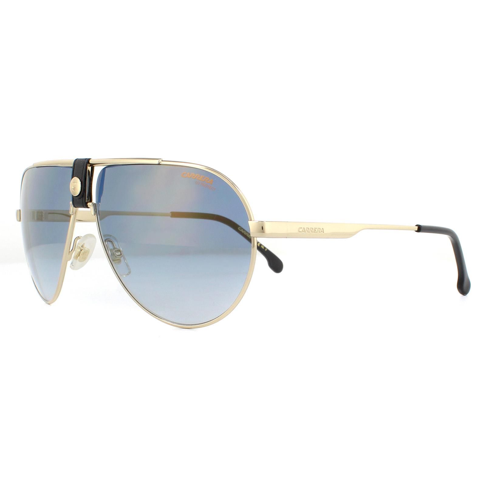 Carrera Sunglasses 1033/S 2M2 1V Black Gold Blue Gold Gradient Mirrorare a large aviator design crafted from lightweight metal. The distinctive double nose bridge features a bold leather front the Carrera C logo front and centre. The Carrera text logo is etched into the temples and finished with plastic tips for comfort.