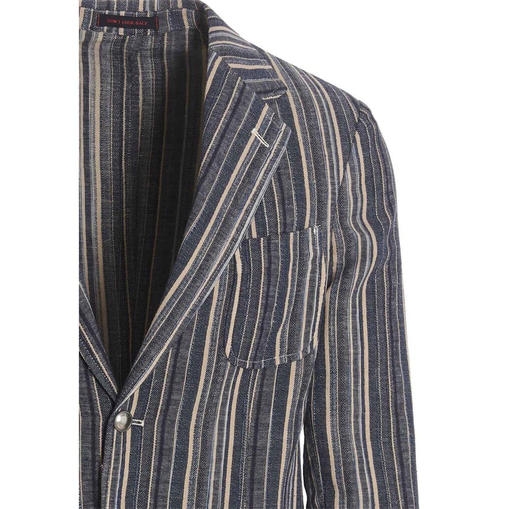 'Pier T1' striped cotton and hemp single breast blazer jacket featuring peak lapels and pockets.