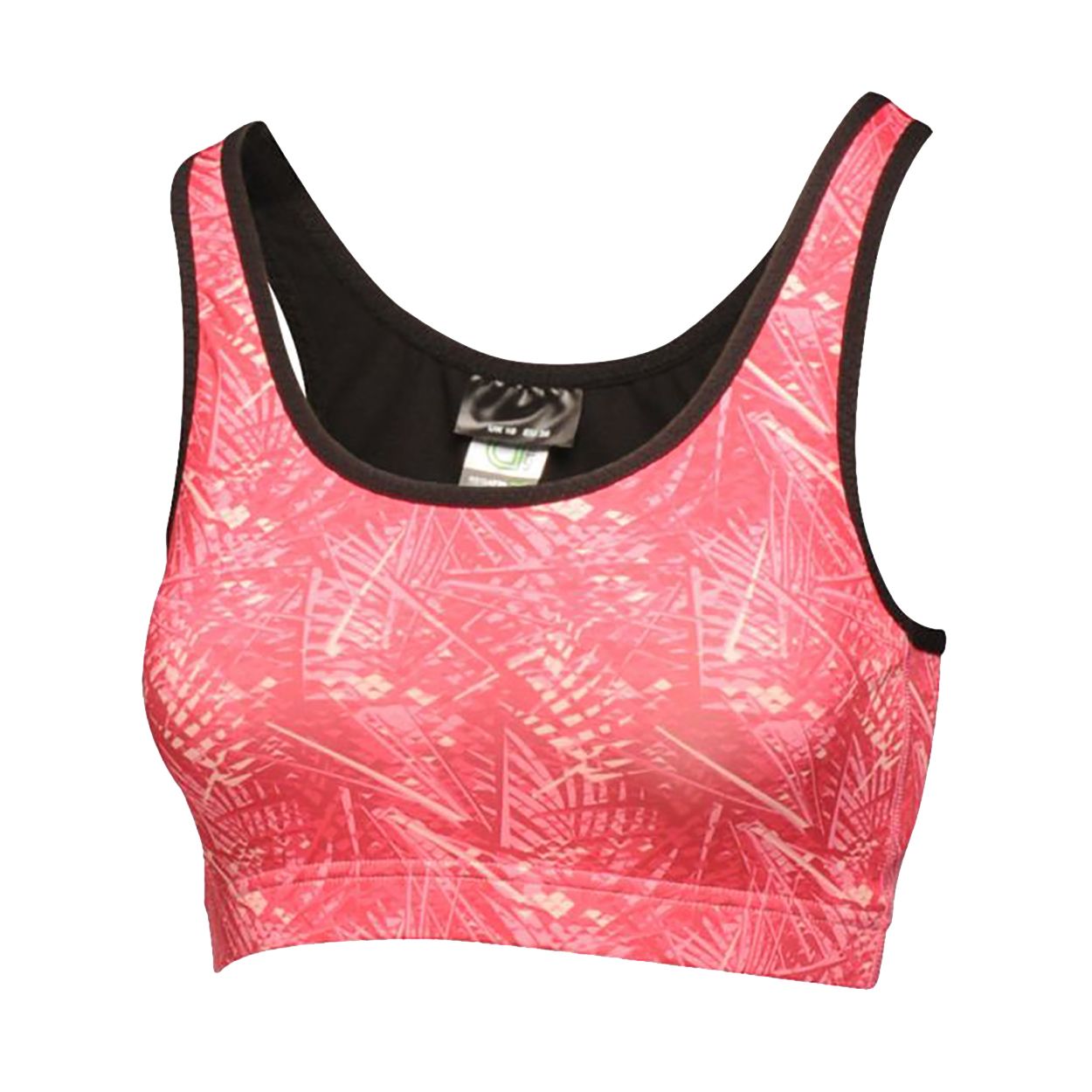 85% polyester, 15% elastane. Good wicking performance. Quick drying. Built-in bra support. Double layer front panel for complete support and comfort.