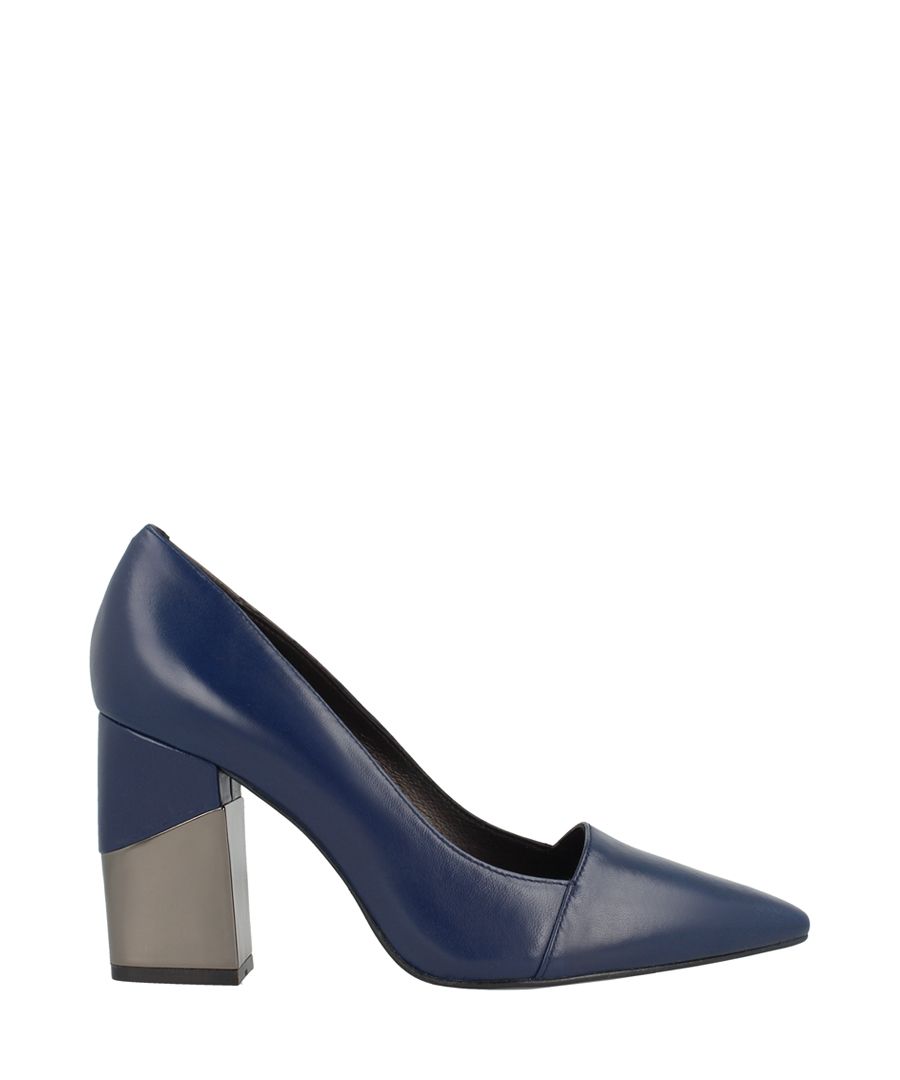 Navy leather pointed block heels