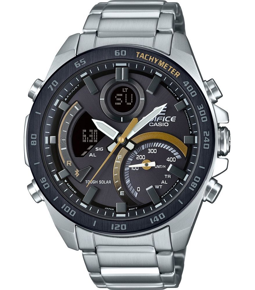This Casio Edifice Analogue-Digital Watch for Men is the perfect timepiece to wear or to gift. It's Silver 44 mm Round case combined with the comfortable Silver Stainless steel will ensure you enjoy this stunning timepiece without any compromise. Operated by a high quality Quartz movement and water resistant to 10 bars, your watch will keep ticking. This fashionable watch with a tachymeter on th bezel is a perfect gift for New Year, birthday,valentine's day and so on -The watch has a Calendar function: Day-Date, Bluetooth, Solar Powered, Stop Watch, Worldtime, Alarm High quality 21 cm length and 21 mm width Silver Stainless steel strap with a Fold over with push button clasp Case diameter: 44 mm,case thickness: 14 mm, case colour: Silver and dial colour: Black
