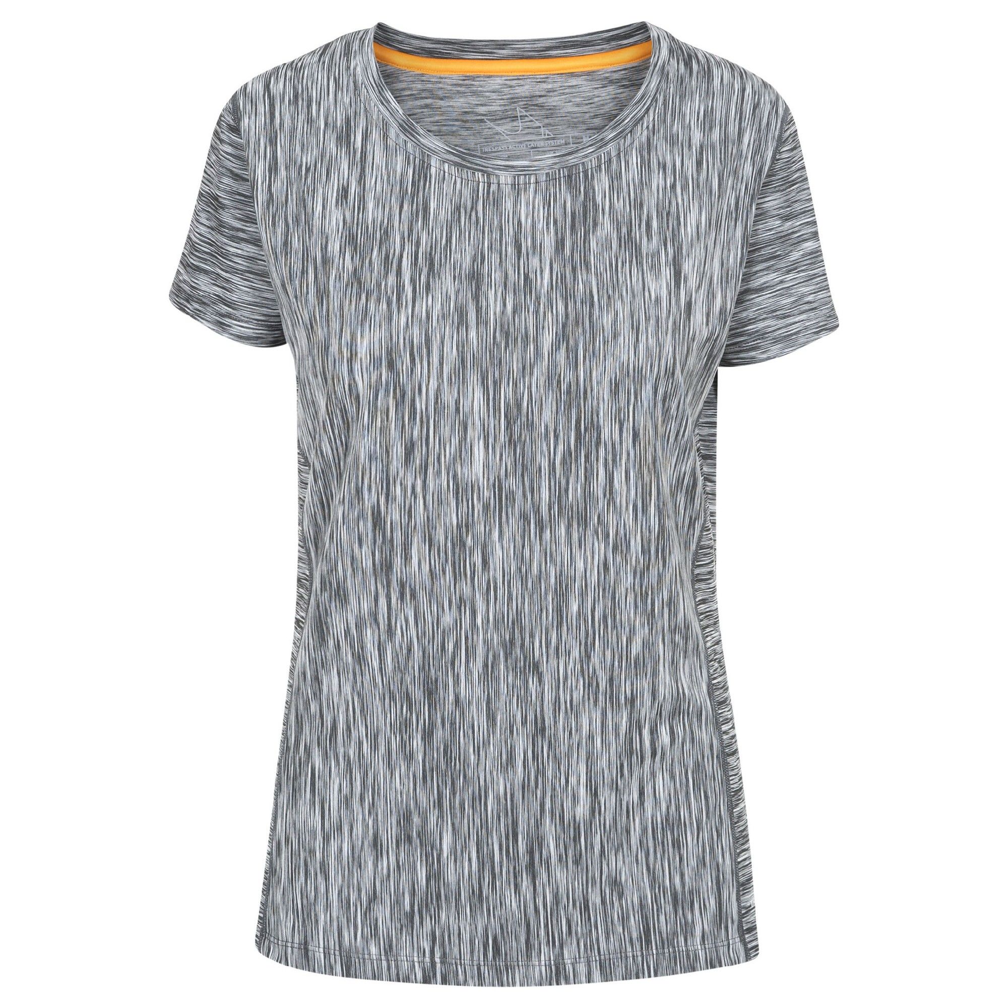 Short sleeve. Round neck. Reflective logos. Wicking. Quick dry. 91% Polyester/9% Elastane. Trespass Womens Chest Sizing (approx): XS/8 - 32in/81cm, S/10 - 34in/86cm, M/12 - 36in/91.4cm, L/14 - 38in/96.5cm, XL/16 - 40in/101.5cm, XXL/18 - 42in/106.5cm.