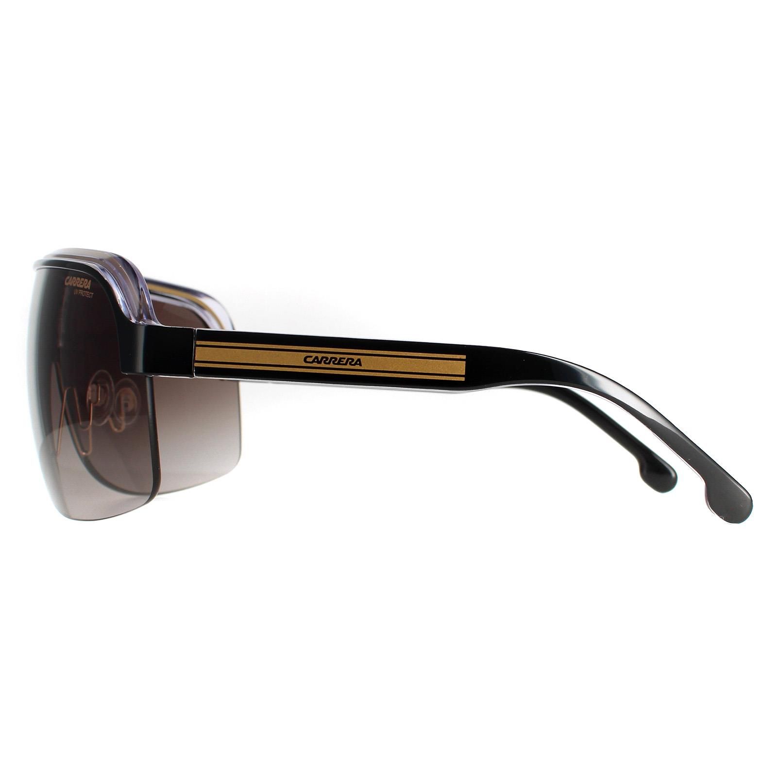 Carrera Shield Unisex Black Gold Brown Gradient Topcar 1/N  Carrera are a visor style sunglass with a large lens and thick brow bar with trendy twists of colour across the top.