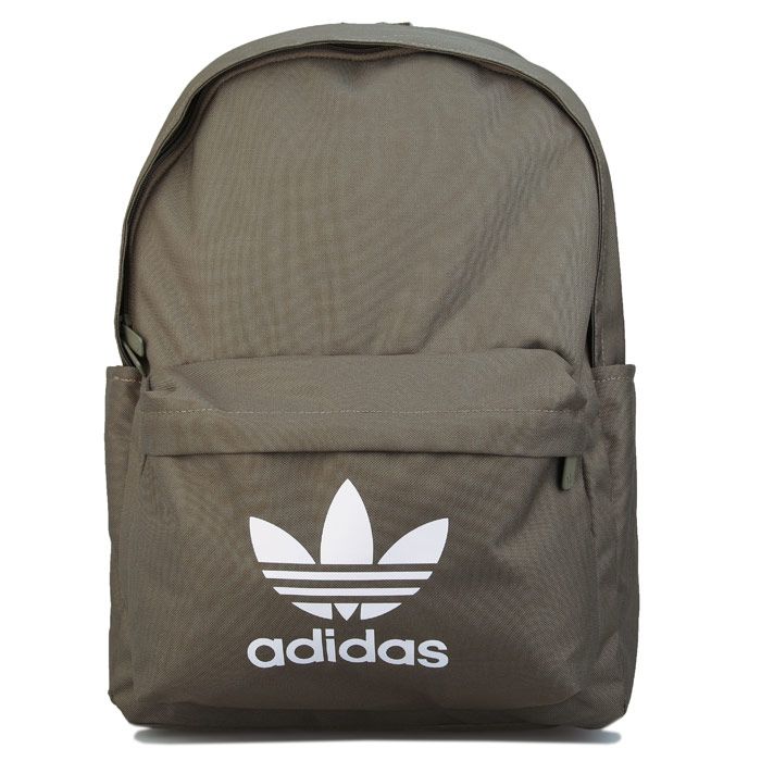 adidas Originals Adicolor Classic Backpack in khaki.- Padded adjustable shoulder straps.- Front zip pocket.- Side water bottle pockets.- Trefoil branding to front.- Dimensions: 17 cm x 30 cm x 44 cm.- Main material: 100% Recycled polyester.  Lining: 100% Polyester (Recycled).  Padding: 100% Polyethylene.- Ref: GL7471Measurements are intended for guidance only