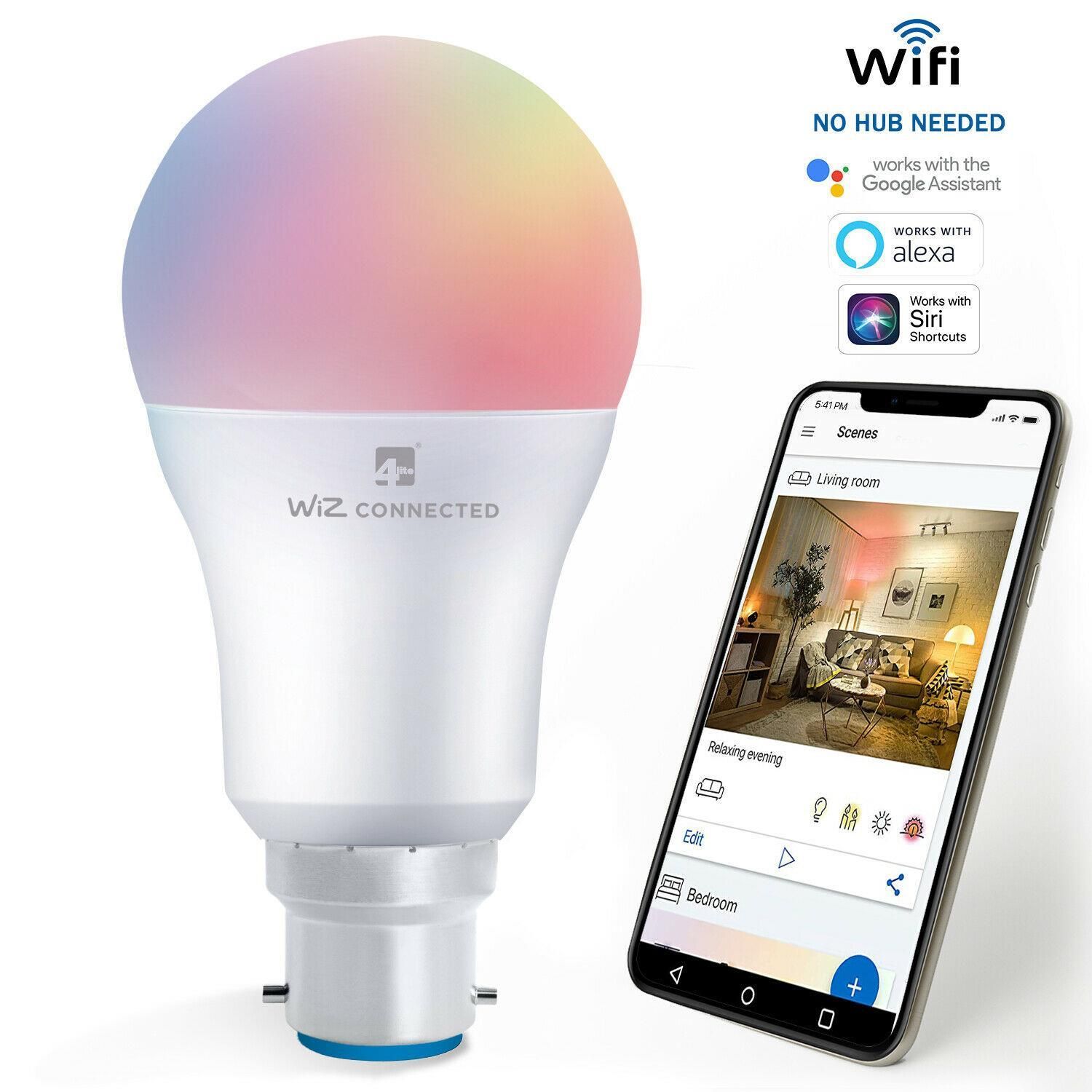 WiZ LED A60 Smart Bulb Wifi & Bluetooth B22 RGBW Colours Tuneable White& Dimmable brings the ultimate light experience to your home, office or hospitality business. Retrofit into any lamp shade to create the ambience of your choice. Wi-Fi connected, 16 million colours and adjustable from warm white to daylight.

You’ll be able to adjust your full colour, warm white and daylight white LED light bulb to fit the mood, as it’s fully dimmable. With 806 lumens and a Kelvin colour temperature of 6500, it’s perfect for every room in your home. It has an impressive lifetime of 25,000 hours, so you don’t have to worry about changing it regularly.

If you have other compatible smart devices, you can connect your bulb via IFTTT. You’ll be able to set up your WiZ WZ20826081 to suit your needs. Have the light pulse when you receive a text message or if someone knocks at the front door. You can also input your daily schedule, so your WiZ lights change accordingly.

Wi-Fi enabled, you can use your Apple or Android smartphone to control the WiZ WZ20826081. Simply download the app through the iOS App Store or the Google Store – it’s that easy. Or, if you prefer, you can use your Google Home or Amazon Alexa speaker with the bulb. As long as you have internet access, you can control it from wherever you are. It’s great for when you arrive at work and realise that you’ve left a light on at home.

Equivalent to a 60W bulb and rated ‘A’ for energy usage, the WiZ WZ20826081 is kind on the planet and your pocket. Plus, you’ll have a choice of where you want to fit your bulb, as it uses a B22 Bayonet screw fixing. From a lamp in the living room to a downlight in your kitchen, this lightbulb is the perfect choice

220-240V 50Hz, 9W 75mA,Encrypted cloud connection with TLS 1.2 security protocol ,Amazon Web Services, pre-subscribed for product’s lifetime
Anonymous sign-in Auth 2.0 secured frame work Connection to WiFi on 2.4 GHz frequency mode for wider coverage32-bit CPU