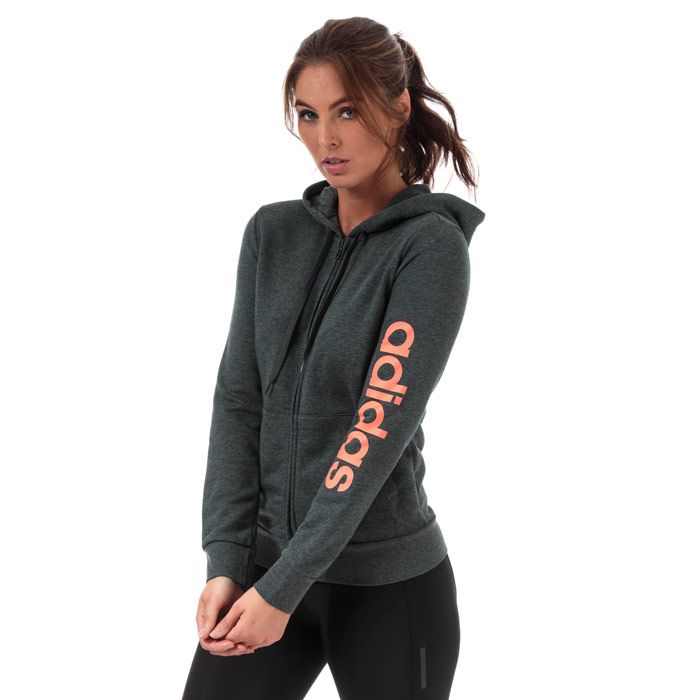 Womens adidas Essentials Linear Zip Hoody in dark grey heather - semi coral.<BR><BR>- Drawcord-adjustable hood.<BR>- Full zip fastening.<BR>- Long sleeves.<BR>- Kangaroo style pockets to front.<BR>- Ribbed cuffs and hem.<BR>- adidas linear logo printed at left sleeve.<BR>- Tonal back neck tape.<BR>- Slim fit.<BR>- Measurement from shoulder to hem: 23“ approximately.  <BR>- Main material: 52% Cotton  48% Recycled polyester.  Hood lining: 100% Cotton.  Machine washable.<BR>- Ref: EI0660<BR><BR>Measurements are intended for guidance only.