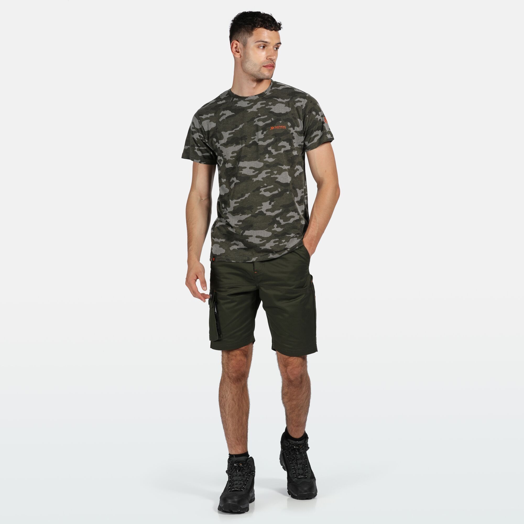 60% cotton, 40% polyester. Marl single jersey fabric. All over camouflage print. Part of the Tactical Threads range.