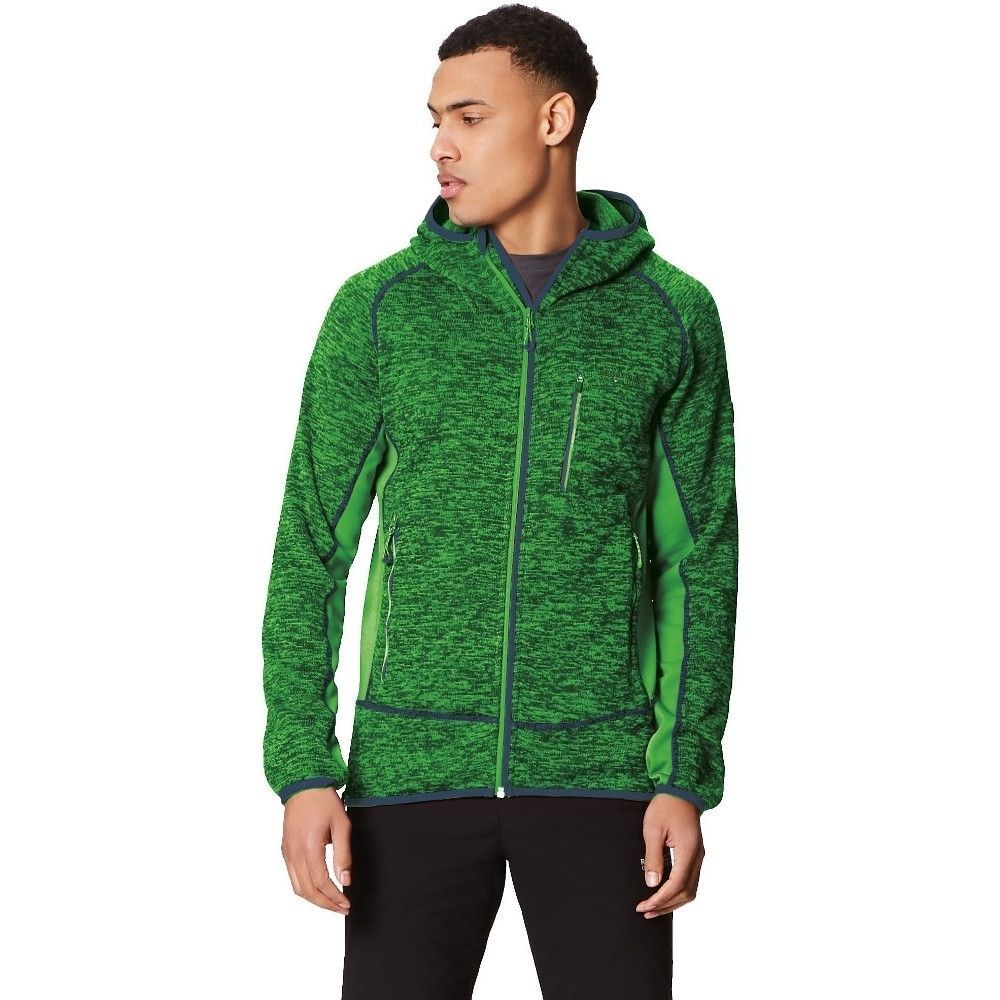 Mens hooded jacket made of 265gsm Polyester marl knit effect fleece. Extol stretch side, hood and underarm panels. Grown on hood. 2 zipped lower pockets and 1 zipped chest pocket. Stretch binding to hood opening, cuffs and hem. Ideal for wearing outdoors on a cold day. 100% Polyester.
