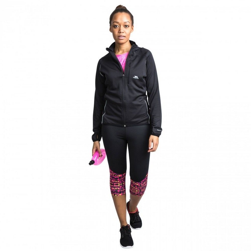 Ladies active jacket. Quick drying. Duoskin fabric for effective moisture wicking. Reflective piping and prints. Zipped chest pocket. Thumb holes at cuffs. 100% Polyester.