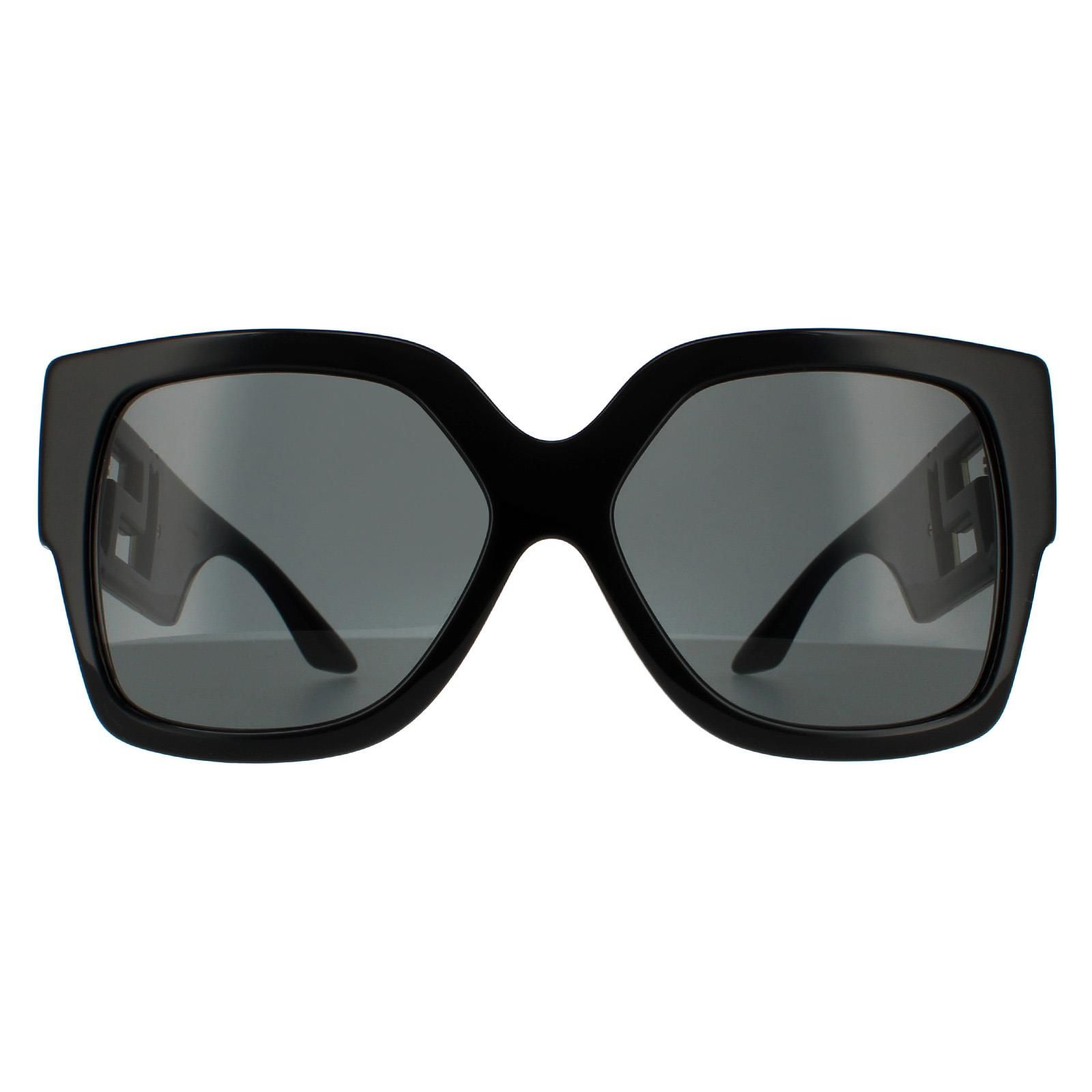 Versace Square Womens Black Dark Grey Sunglasses VE4402 are an eye-catching oversized square design crafted from chunky yet lightweight acetate. Wide temples are embellished with large metal Greca logos with laser cut Versace branding for authenticity.