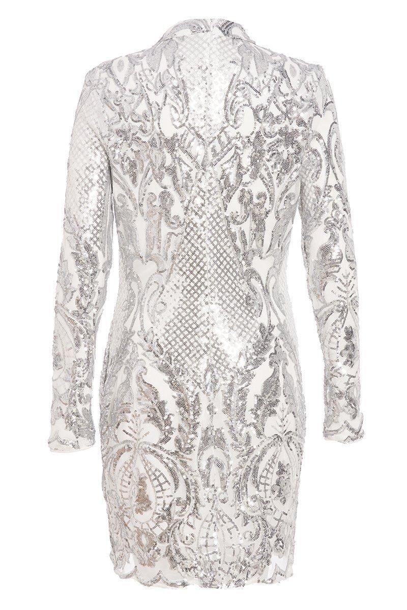 - Sequin sass!  - Embellished dress  - Long sleeve  - High neck  - Back zip closure  - Length: 88cm approx  - Material: 95% polyester, 5% elastane  - Model height: 5' 7