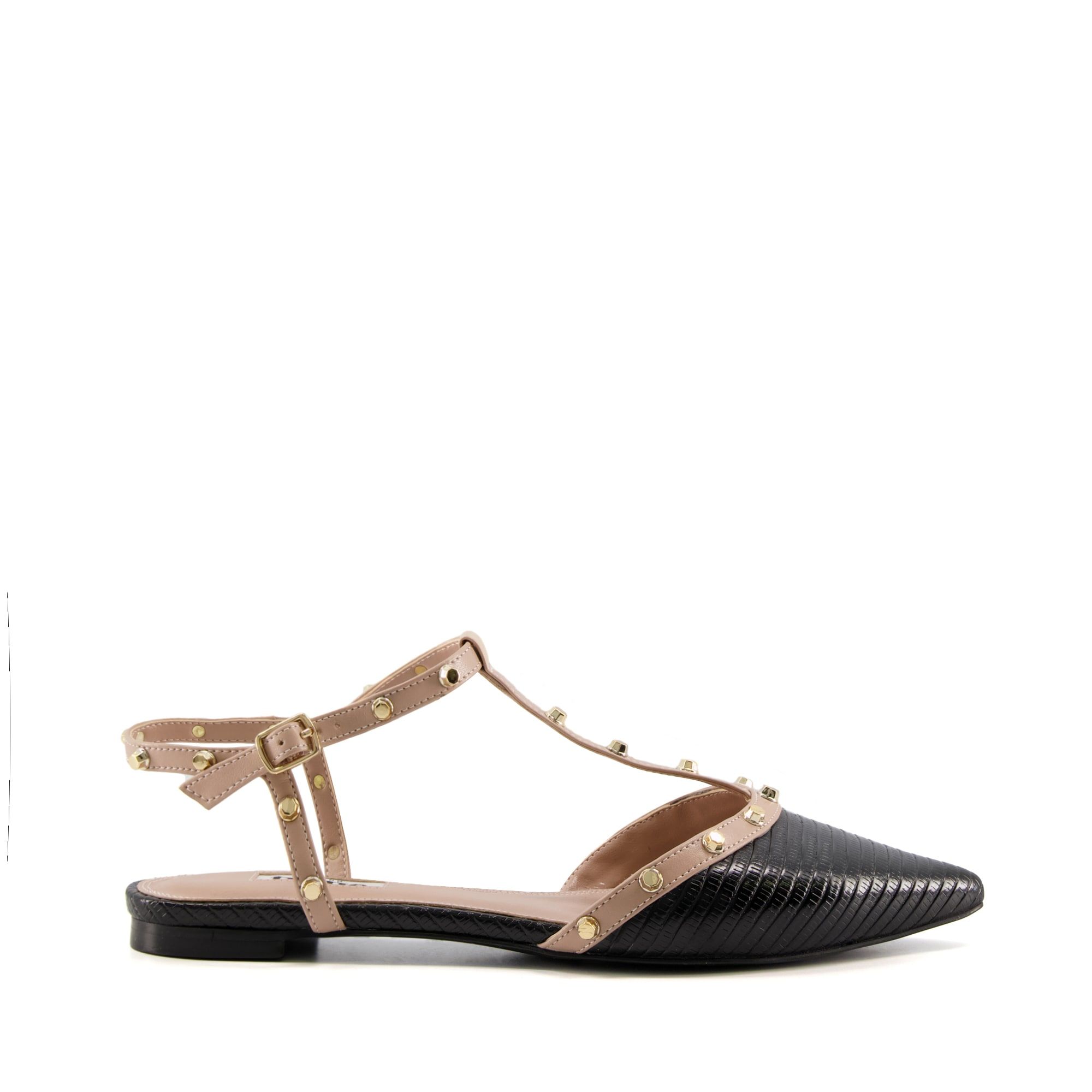 The Cayote flat shoe showcases an open back and sophisticated pointed toe. Featuring a T-bar design with studded hardware trims and stitch detail. The adjustable buckle fastening completes this feminine style.