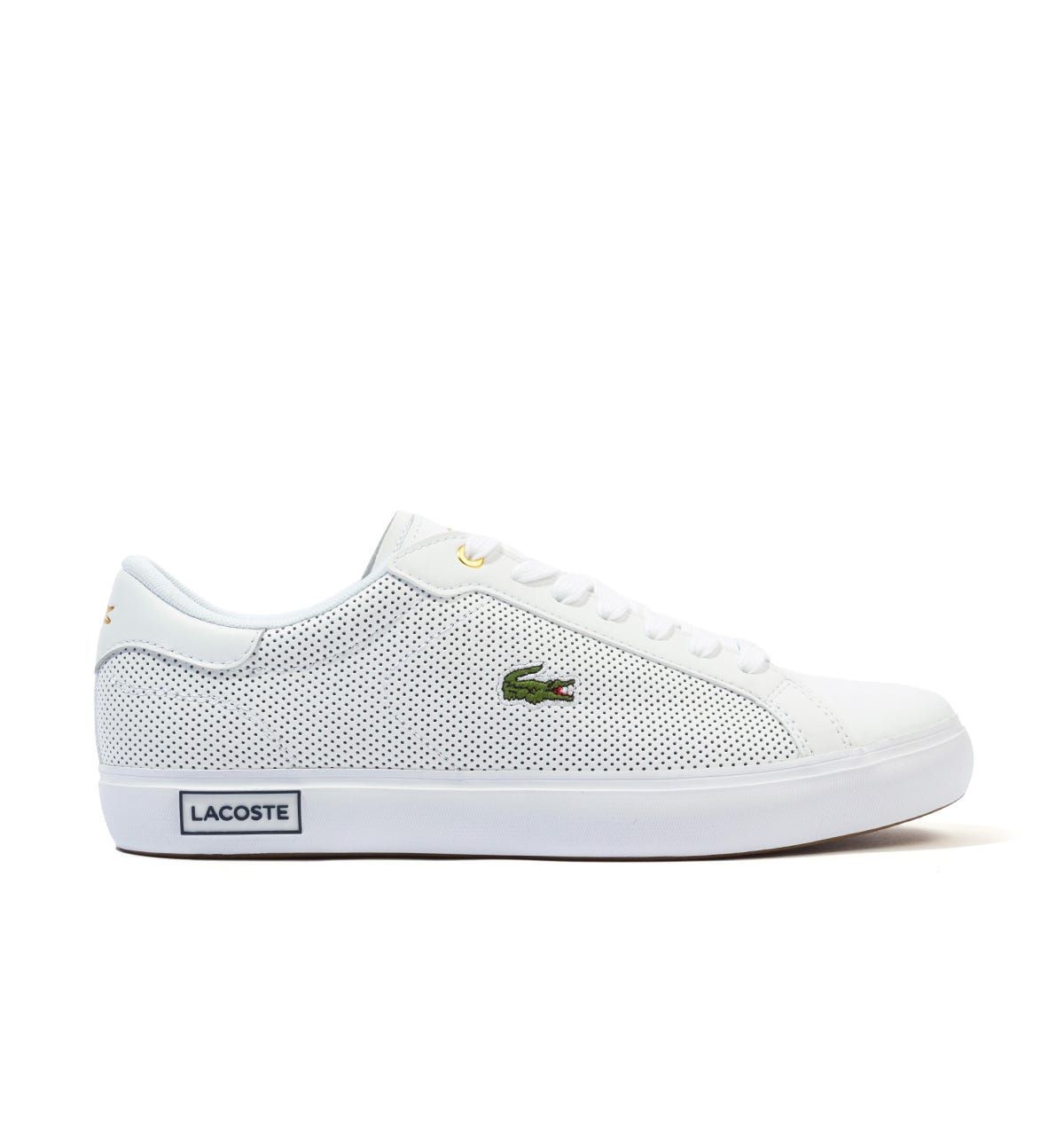 Lacoste Powercourt Perforated Leather Trainers - White & Gold