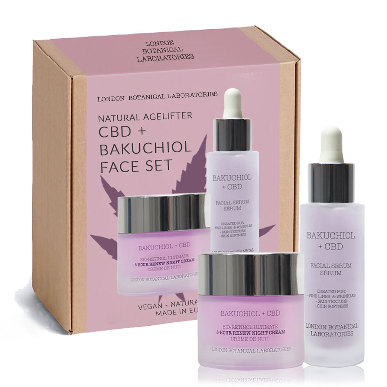 Bakuchiol + CBD Serum 30ml:
Anti-ageing serum with gentle but effective bio-retinol and hyaluronic acid
 Aims to smoothen fine lines and wrinkles in long term use
 Aims to aid in skin’s natural renewal for brighter more even skin tone
 Full of natural anti-oxidants, fruit extracts and oils
 Contains 3 x Plum Extract - Kakadu Plum Extract, Plump Pine Extract, Wild Plum Fruit Extract.
 Contains Bio Retinol called Bakuchiol, Aloe Vera Juice, Magnolia Leaf Extract and Argan Oil
 A breakthrough anti-ageing serum that delivers retinol results without irritation, while enhancing skin vitality and radiance. Deeply hydrating with added Hyaluronic acid, it reduces the appearance of fine line and wrinkles. Powered by three unique plum extract with bio retinol called Bakuchiol makes this cream totally unique in the market.

Bakuchiol + CBD |  Cream 50ml:
Anti-ageing cream with gentle but effective bio-retinol.
 Aims to smoothen fine lines and wrinkles in long term use.
 Aims to aid in skin’s natural renewal for brighter more even skin tone.
 Full of natural anti-oxidants and skin softening oils.
 Contains 3 x Plum Extract - Kakadu Plum Extract, Plump Pine Extract, Wild Plum Fruit Extract.
 Contains Bio Retinol called Bakuchiol, White Willow bark extract, Grape Seed Oil and Aloe Vera Juice.
 A breakthrough anti-ageing cream that delivers retinol results without irritation, while enhancing skin vitality and radiance. Deeply nourishing and hydrating, it reduces the appearance of fine line and wrinkles. Powered by three unique plum extract with bio retinol called Bakuchiol makes this cream totally unique in the market.