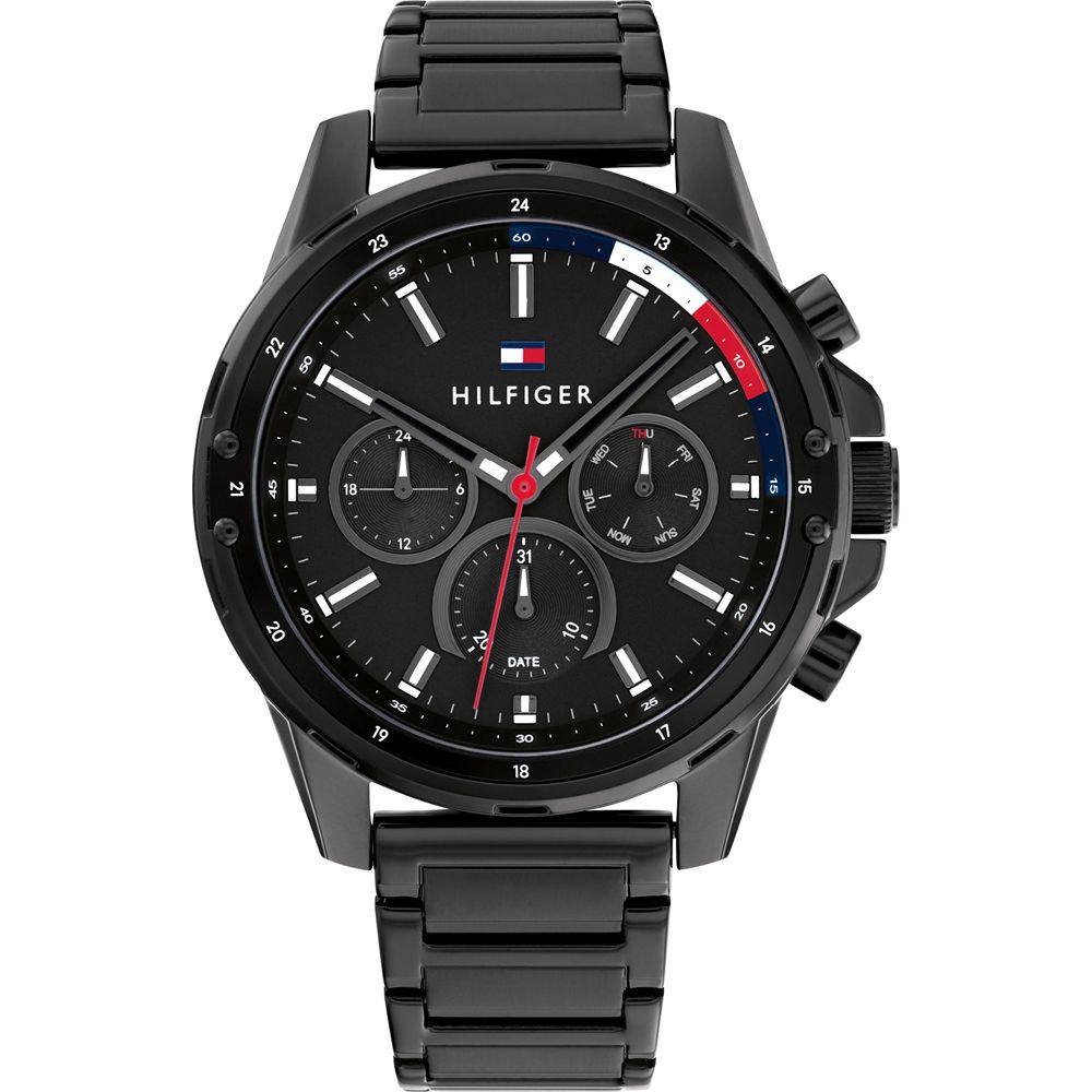 This Tommy Hilfiger Mason Multi Dial Watch for Men is the perfect timepiece to wear or to gift. It's Black 45 mm Round case combined with the comfortable Black Stainless steel watch band will ensure you enjoy this stunning timepiece without any compromise. Operated by a high quality Quartz movement and water resistant to 5 bars, your watch will keep ticking. This fashionable watch with numbers on the bezel is a perfect gift for New Year, birthday,valentine's day and so on -The watch has a calendar function: Day-Date, 24-hour Display High quality 21 cm length and 20 mm width Black Stainless steel strap with a Fold over with push button clasp Case diameter: 45 mm,case thickness: 10 mm, case colour: Black and dial colour: Black