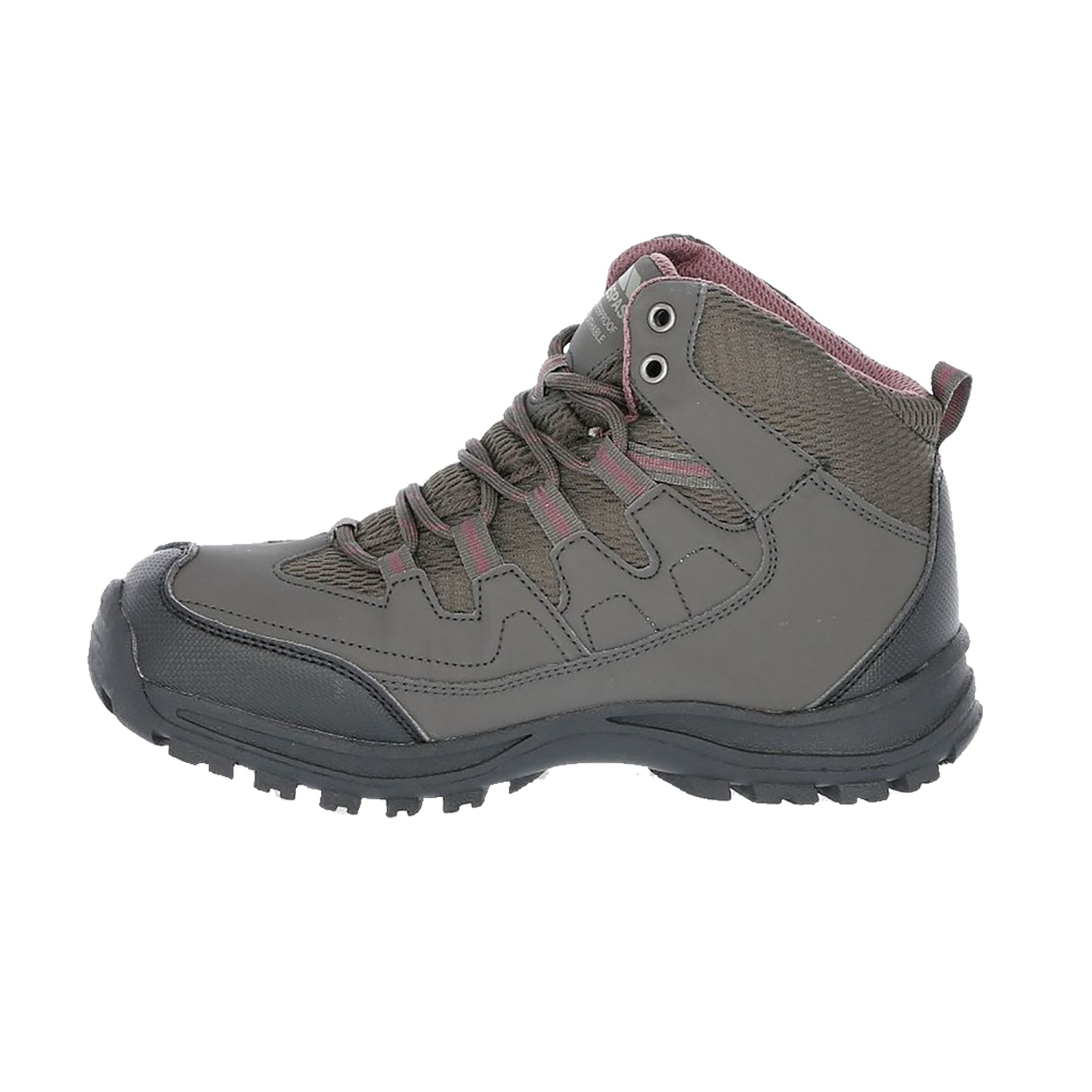 Mid cut walking boot. Waterproof and breathable membrane. Ankle supportive cushioned collar and tongue. Protective and durable toe and heel guard. Arch stabilising and supportive steel shank. Upper: PU/mesh. Lining: mesh. Insole: EVA. Outsole: rubber/TPR.