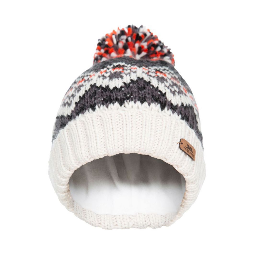 Material: acrylic, polyester. Knitted hat with pom pom. Half fleece lined. Leatherette badge.