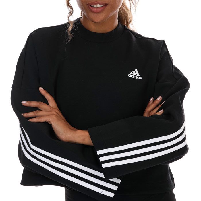 Womens adidas 3-Stripes Doubleknit Sweatshirt in black.- Ribbed crewneck.- Long sleeves.- Moisture-absorbing AEROREADY.- Slightly cropped crew top.- Bungee-adjustable hem.- Regular fit.- Main Material: 67% Cotton  33 Polyester (Recycled). Machine washable. - Ref: GC6943