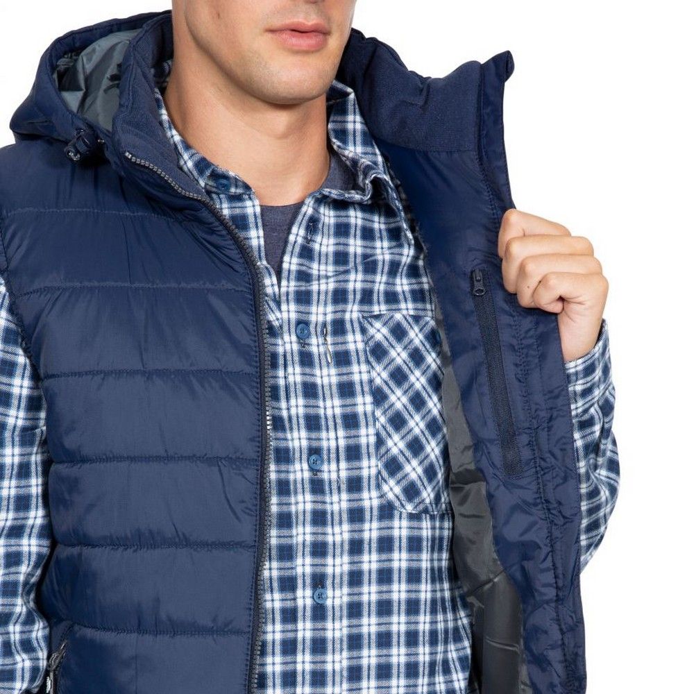 Padded gilet. Adjustable stud off hood. Inner storm flap. 2 zip pockets. Drawcord at hem. Inner pocket. Chin guard. Shell: 100% Polyamide, AC coating, Lining: 100% Polyester, Filling: 100:% Polyester. Trespass Mens Chest Sizing (approx): S - 35-37in/89-94cm, M - 38-40in/96.5-101.5cm, L - 41-43in/104-109cm, XL - 44-46in/111.5-117cm, XXL - 46-48in/117-122cm, 3XL - 48-50in/122-127cm.