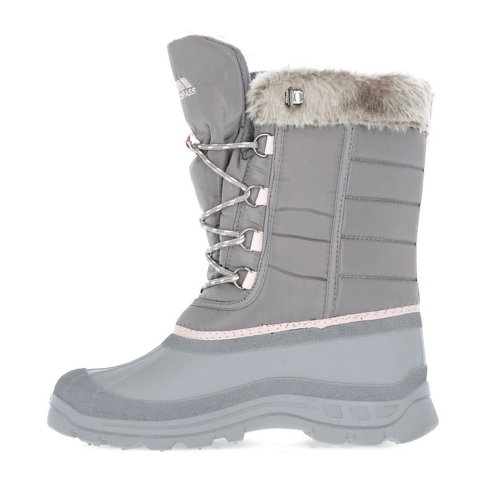 Womens lace up snow boots with water resistant textile upper and waterproof rubber shell outsole. Warm fleece lining. Synthetic fur collar. Upper: Textile/PU/TPR. Lining: Textile. Outsole: EVA/Rubber.