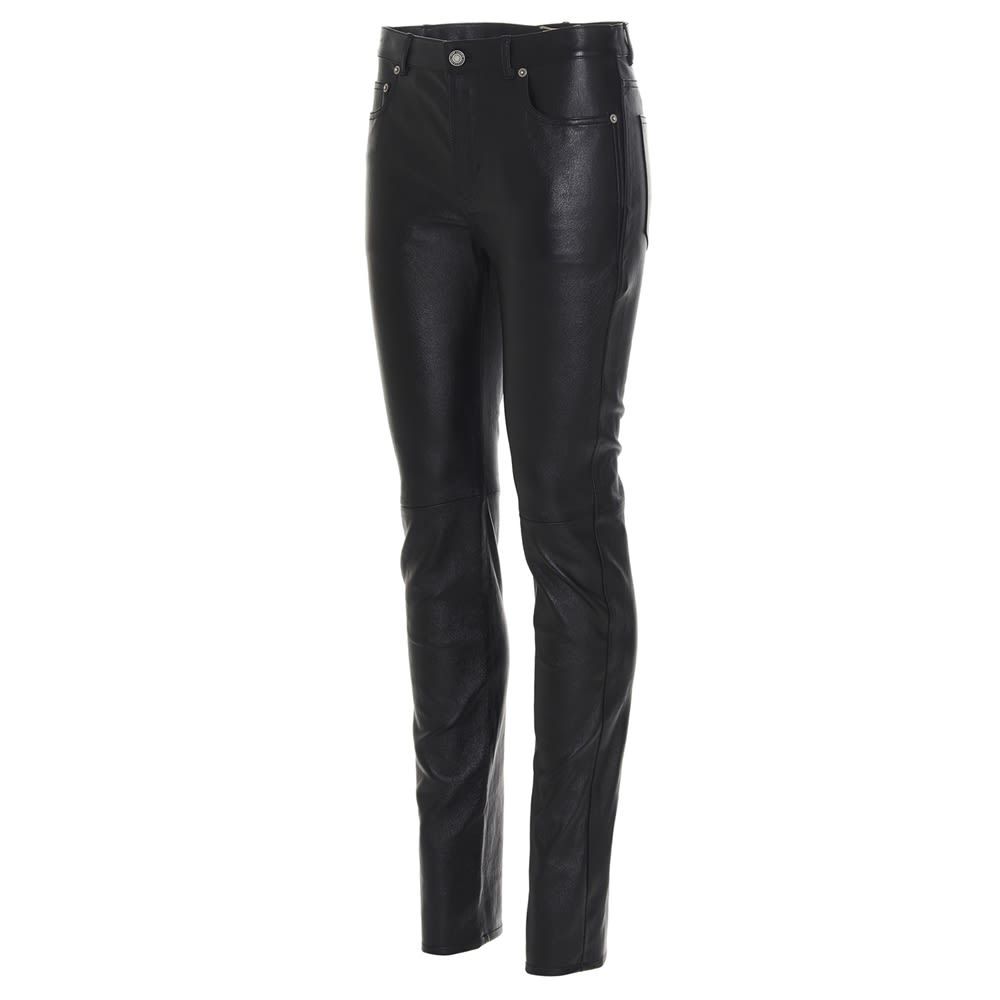 Santin Laurent skinny fit leather pants with a zip and button closure.