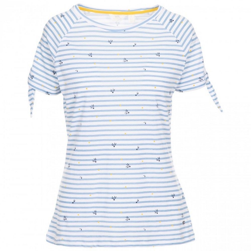 60% Cotton, 40% Polyester. Short sleeve raglan with tie detail at cuff. Round neck. Contrast colour inner neck tape. All-over print. Trespass Womens Chest Sizing (approx): XS/8 - 32in/81cm, S/10 - 34in/86cm, M/12 - 36in/91.4cm, L/14 - 38in/96.5cm, XL/16 - 40in/101.5cm, XXL/18 - 42in/106.5cm.