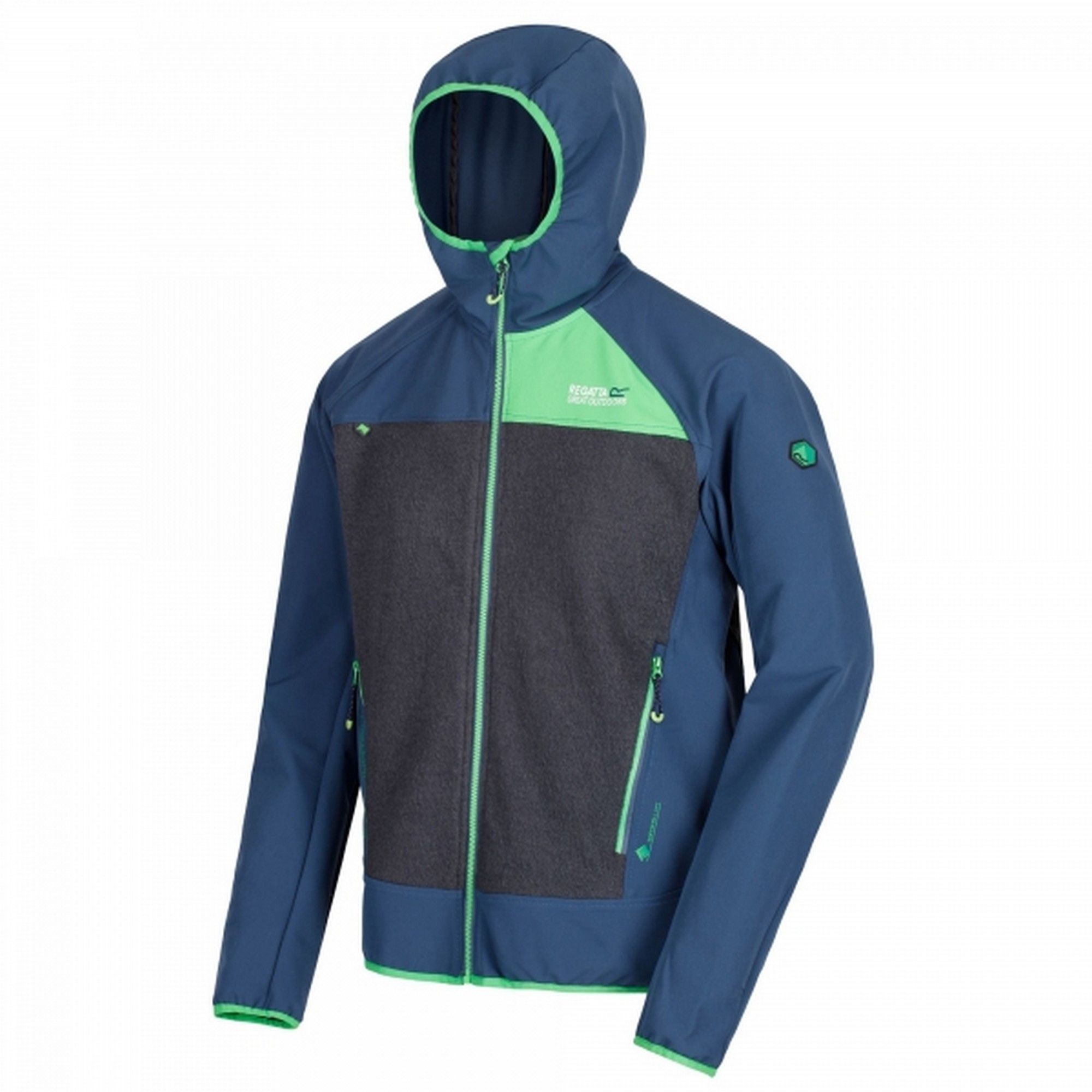 Mens hooded jacket made of Isoflex active stretch fabric. Wool mix panels to the body. Wind resistant. Grown on hood. 2 zipped lower pockets. Stretch binding to hood opening, cuffs, and hem. Ideal for wearing outdoors on a cold day. 5% Elastane, 95% Polyester.
