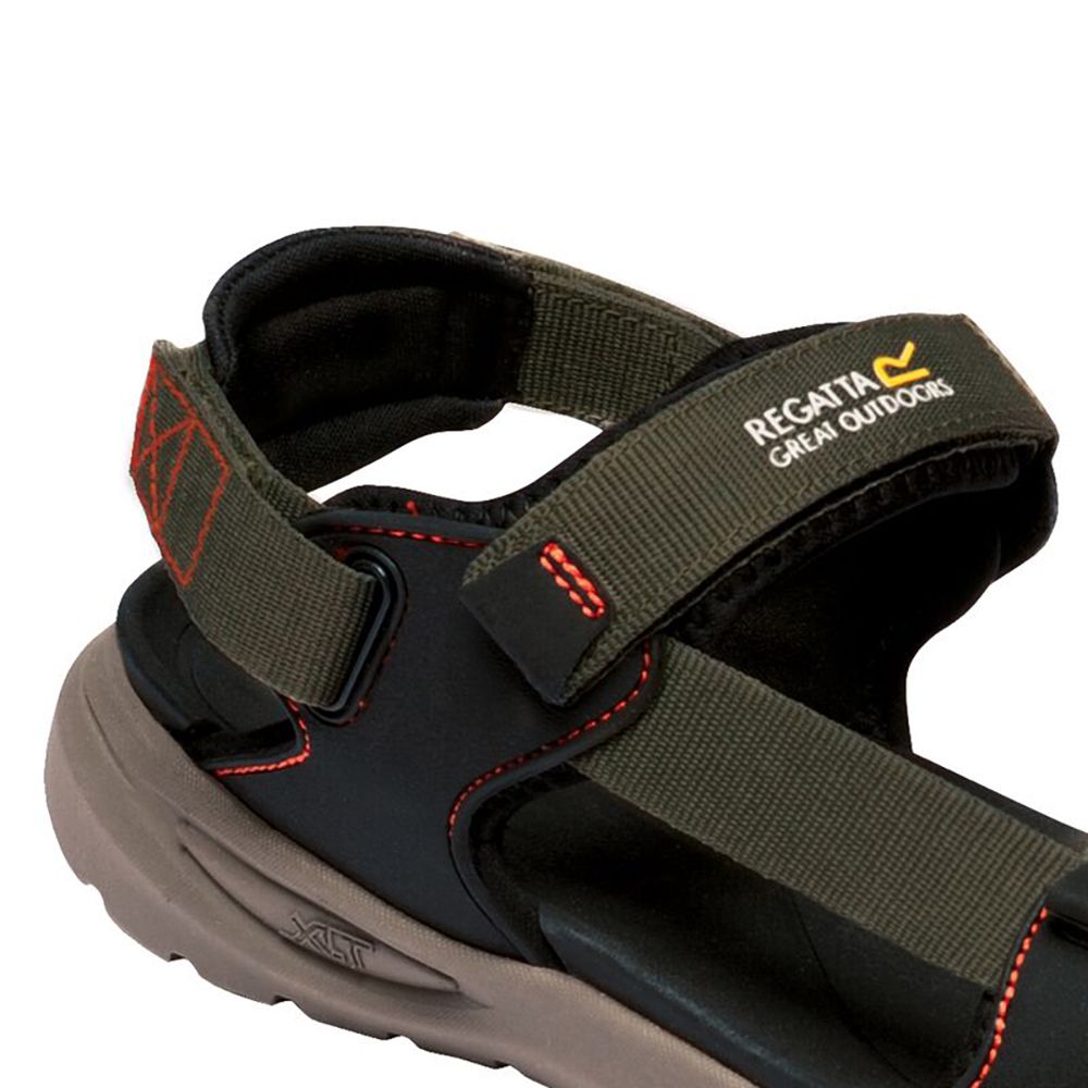 Material: 40% polyester, 30% rubber, 30% polyurathane. Webbing upper with neoprene backing for comfort and protection. 3 points of adjusment for versatile fit. Adjustable removable heel strap. Can be converted into a slide sandal. Shock absorbing compression moulded EVA footbed. New XLT sole unit provides flexible and lightweight underfoot comfort.