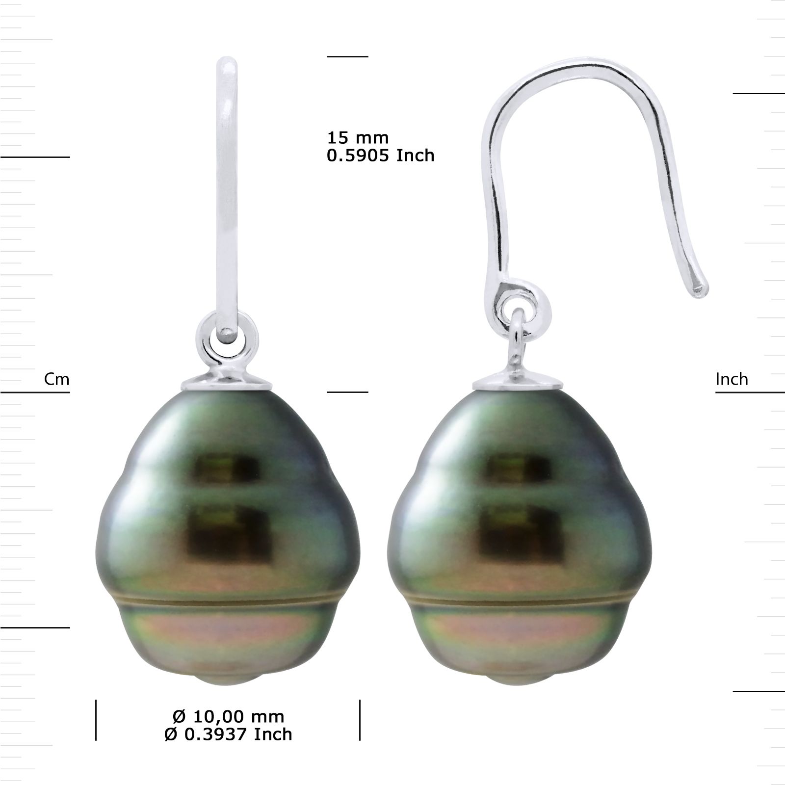 Earrings of 925 Sterling Silver true Cultured Tahitian Pearl 10-11 mm and Hook system 925 Sterling Silver Rhodium-plated - Our jewellery is made in France and will be delivered in a gift box accompanied by a Certificate of Authenticity and International Warranty