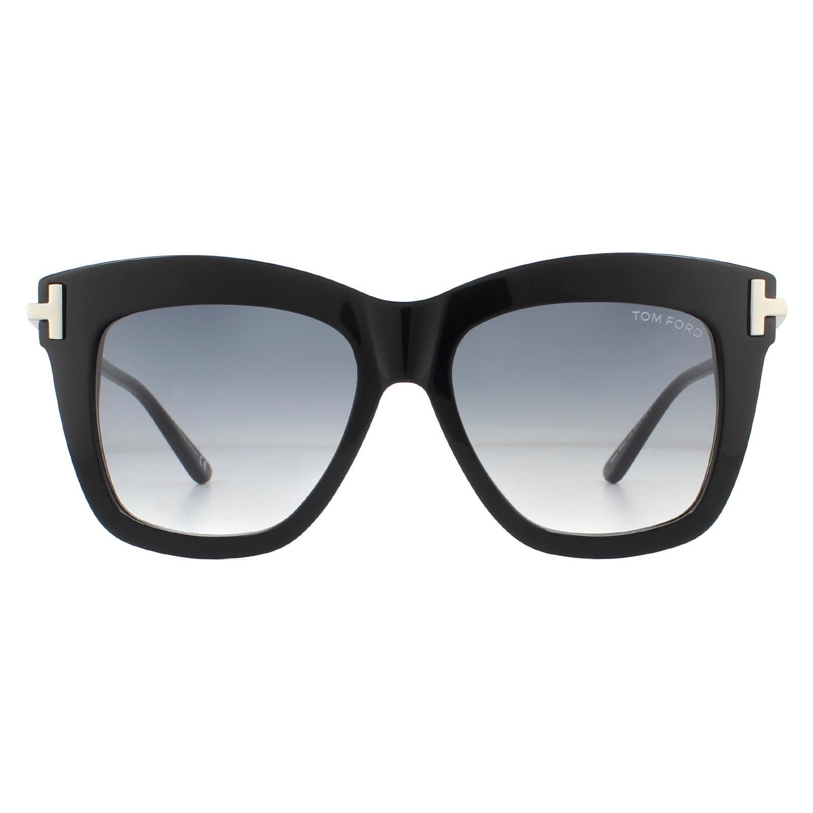 Tom Ford Sunglasses Dasha FT0822 01B Shiny Black Smoke Gradient are soft squared acetate style sunglasses characterised by the large T temple decoration.