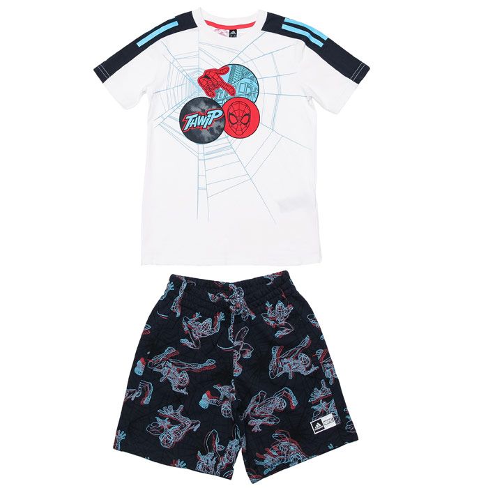 Infant Boys adidas Spider-Man Summer Set in white - navy.T- Shirt:- Ribbed crewneck.- Short sleeves.- Spider-Man graphics.- Regular fit.- Main material: 100% Cotton.  Machine washable.Shorts: - Elastic waist with drawcord.- Two side pockets.- adidas logo at left thigh. - Main material: 70% Cotton  30% Polyester (Recycled).  Machine washable. - Ref: GD3718I