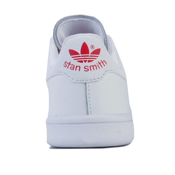 Children Girls adidas Originals Stan Smith Trainers in footwear white - lush red.<BR><BR>- Smooth coated leather upper.<BR>- Lace closure.<BR>- Padded collar.<BR>- 3-Stripes to sides in an embroidered heart design.<BR>- Synthetic leather heel patch with printed Stan Smith logo.<BR>- Tonal Stan Smith branding printed on tongue.<BR>- Comfortable textile lining.<BR>- Removable Ortholite sockliner for comfort and odour control.<BR>- Rubber cupsole.<BR>- Leather and synthetic upper  Textile lining  Synthetic sole.<BR>- Ref: EG6500