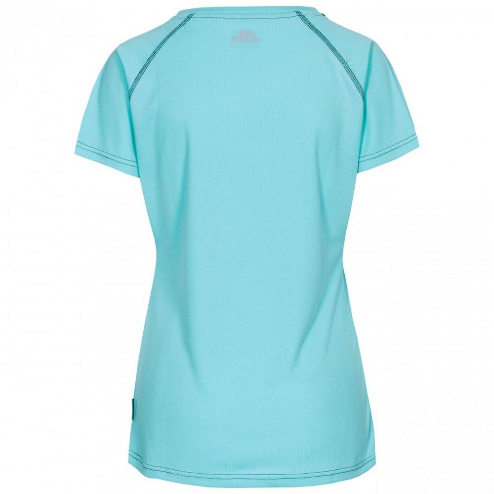 Short sleeved t-shirt with scooped neck. Raglan sleeve. Reflective Trespass prints. Contrast stitching. Quick dry. 100% polyester eyelet. Trespass Womens Chest Sizing (approx): XS/8 - 32in/81cm, S/10 - 34in/86cm, M/12 - 36in/91.4cm, L/14 - 38in/96.5cm, XL/16 - 40in/101.5cm, XXL/18 - 42in/106.5cm.