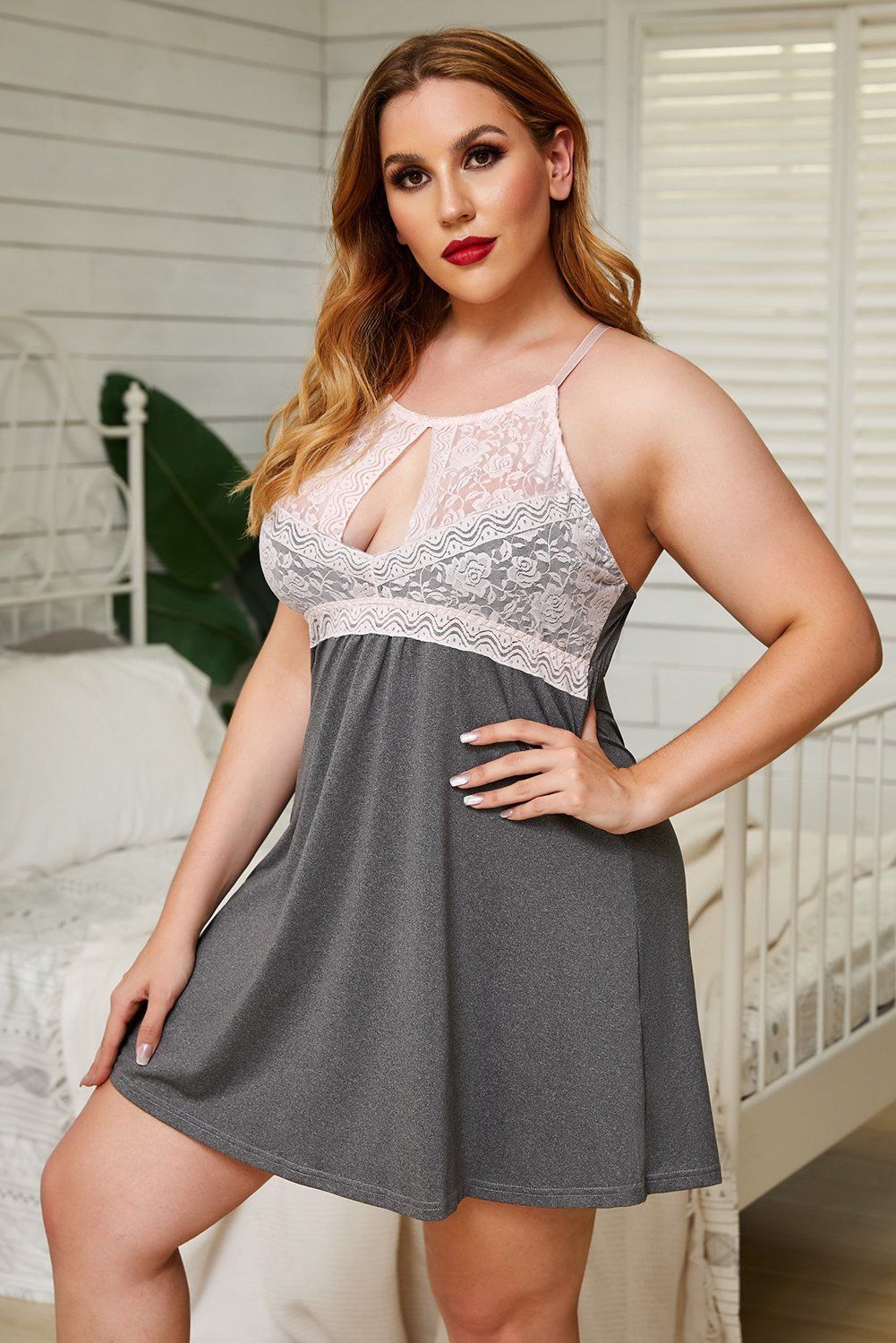 – Womens plus size babydoll with thong in a set
– Adjustable halter straps with o-ring connect on back
– Floral lace bust overlay with refined keyhole front
– Exclusive design for bedroom, cosplay, stage and so on
– Plus size lingerie great for your joyful romantic times

Size Chart (CM)
Sizes	Bust	Waist	Length
	Relax	Relax	Relax
1X	96	82	77
2X	103	89	79
3X	110	96	81
4X	117	103	83
5X	124	110	85
Elasticity	High

Note:
1.There maybe 1-2 cm deviation in different sizes, locations and stretch of fabrics. Size chart is for reference only, there may be a little difference with what you get.
2.There are 3 kinds of elasticity: High Elasticity (two-sided stretched), Medium Elasticity (one-sided stretched) and Nonelastic (can not stretched ).
3.Color may be lighter or darker due to the different PC display.
4.Wash it by hand in 30-degree water, hang to dry in shade, prohibit bleaching.
5.There maybe a slightly difference on detail and pattern of this dress.